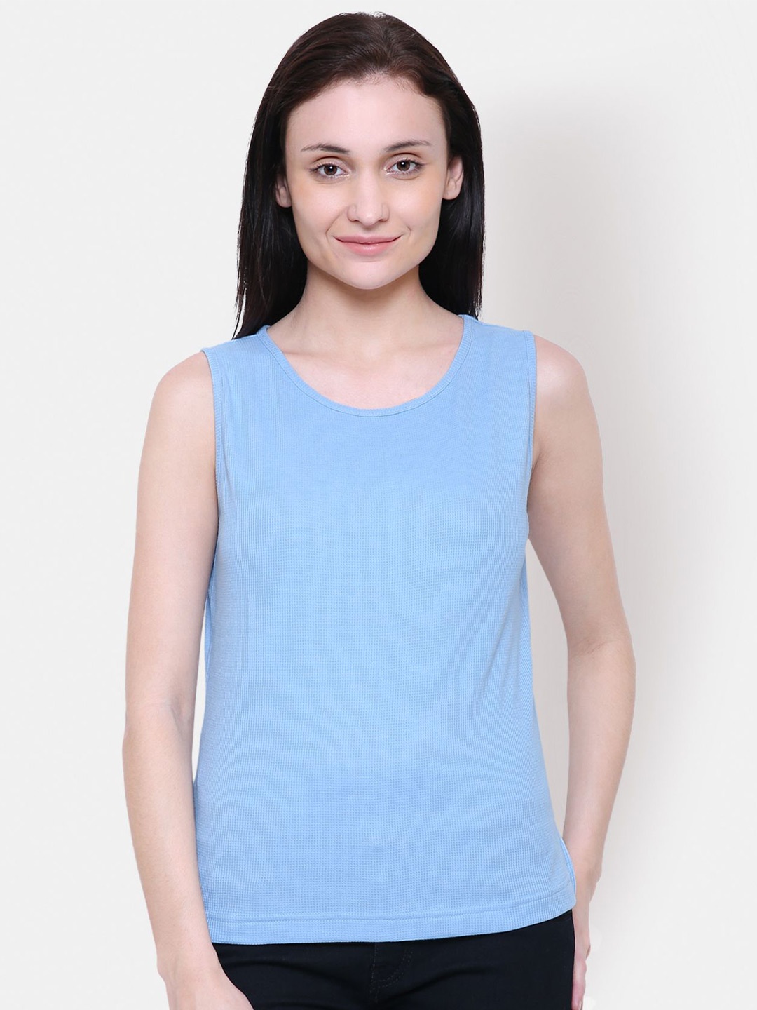 

Yaadleen Women Solid Sleeveless Round Neck Top, Blue