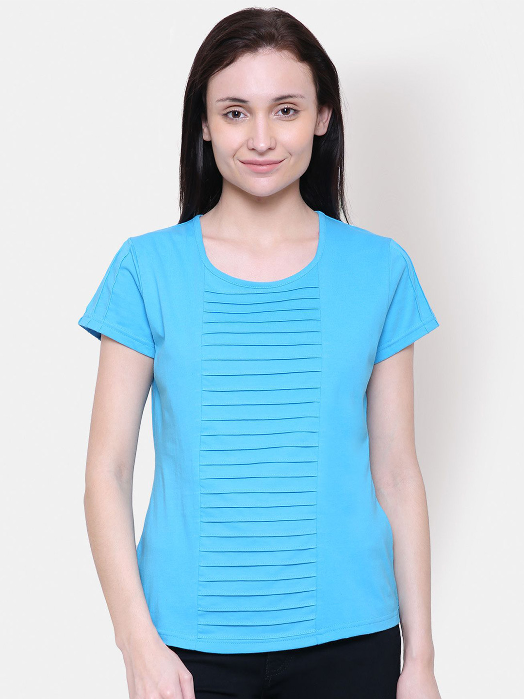 

Yaadleen Women Solid Round Neck Cotton Top, Blue