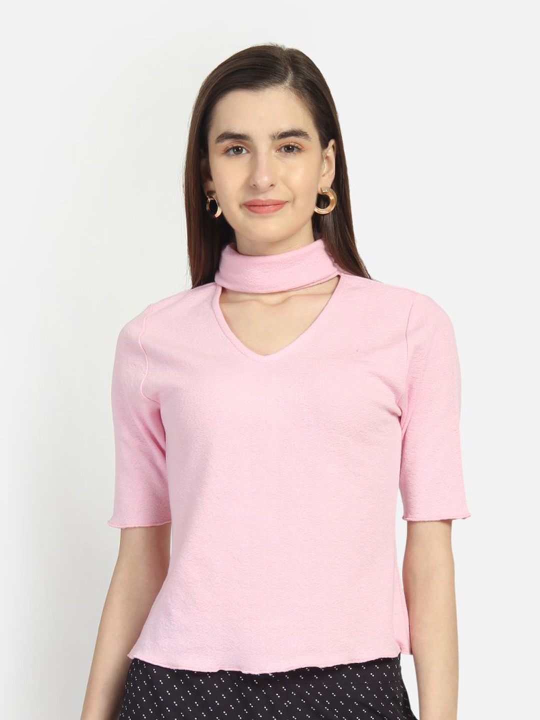 

Yaadleen Women Solid Choker Neck Cotton Top, Pink