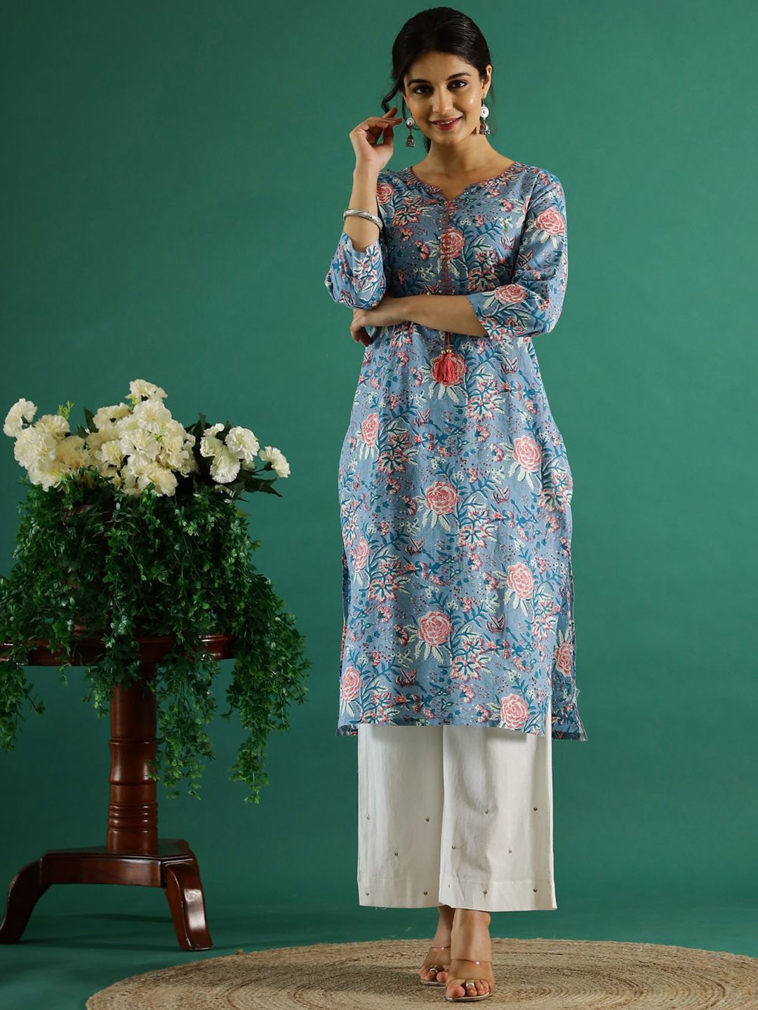 

Sangria Green Floral Printed V-Neck Cotton A-Line Kurta
