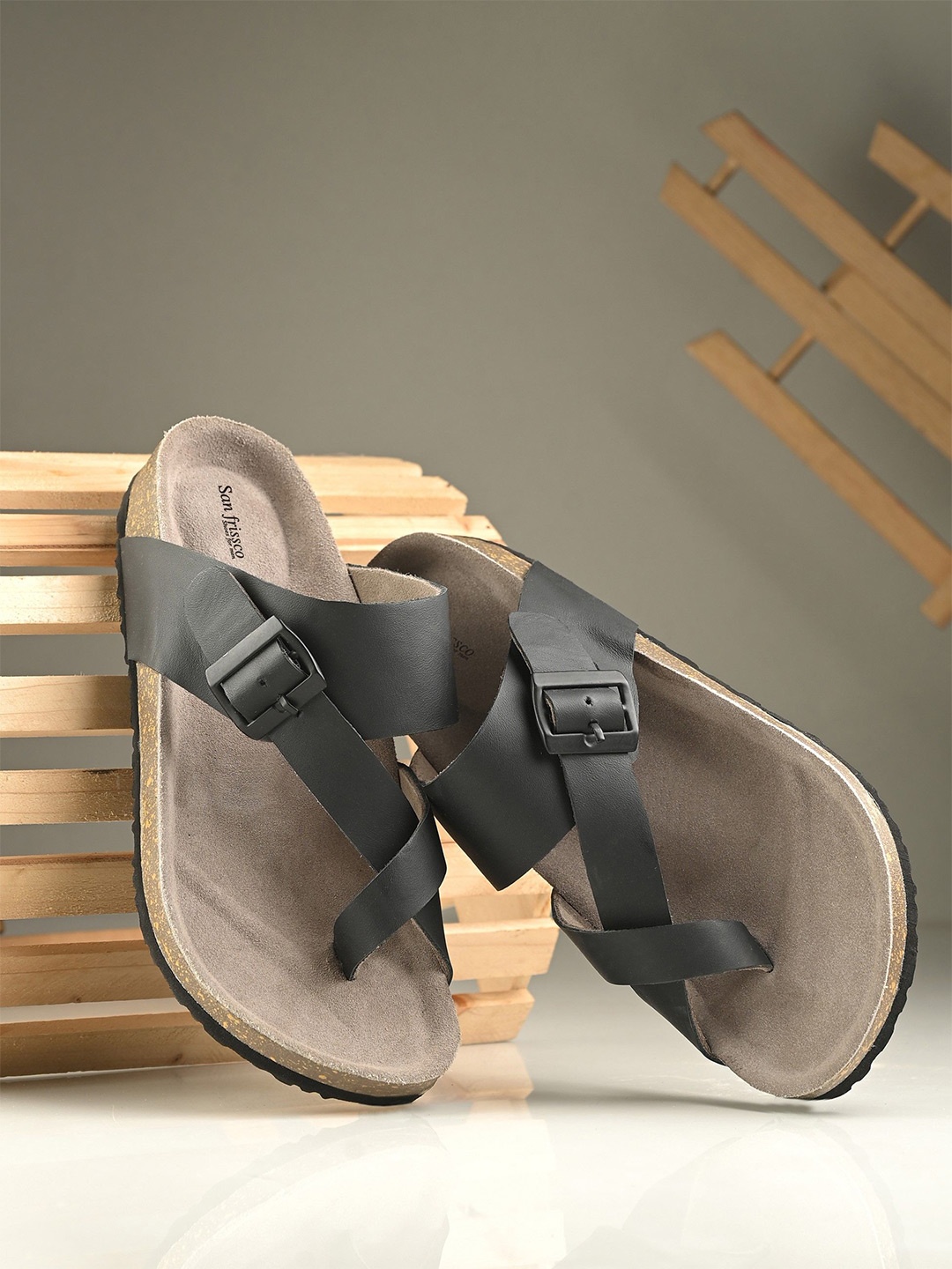 

San Frissco Men Leather Slip On Comfort Sandals, Black