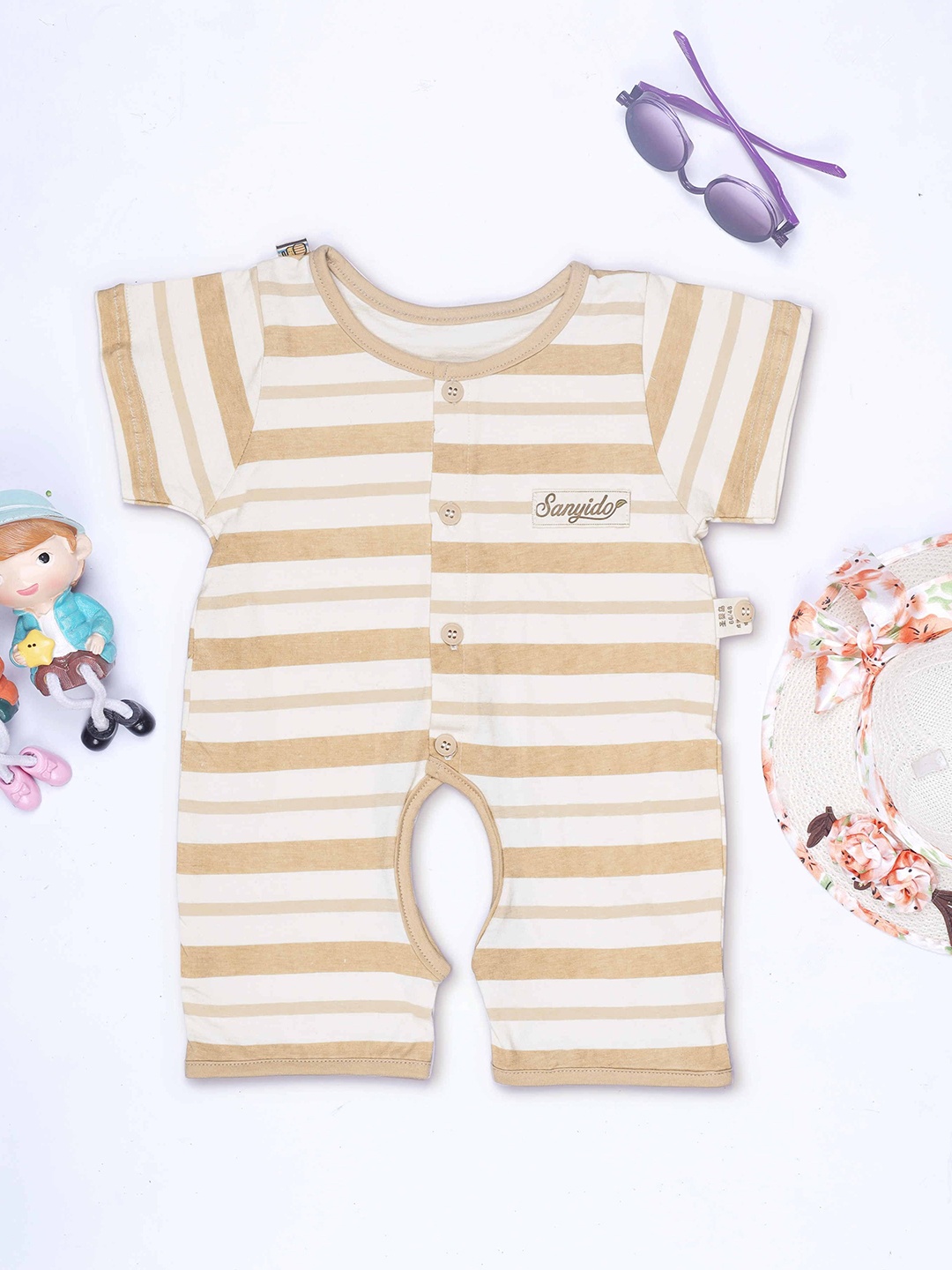 

HERE&NOW Infant Striped Round Neck Pure Cotton Rompers, Brown