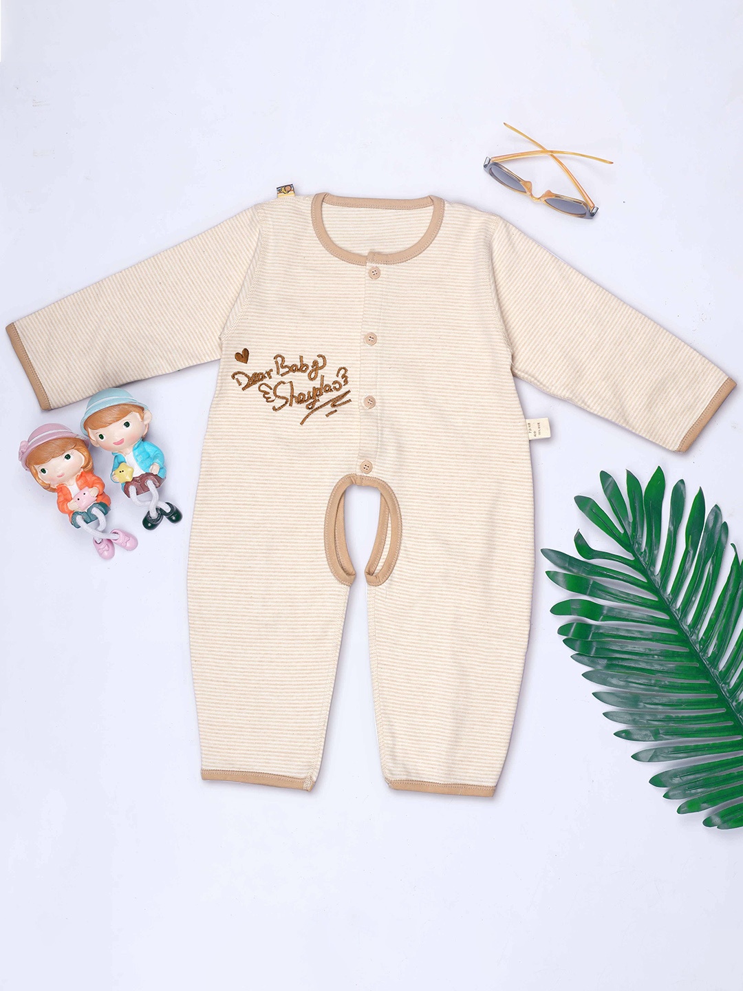 

HERE&NOW Infant Striped Round Neck Pure Cotton Rompers, Beige