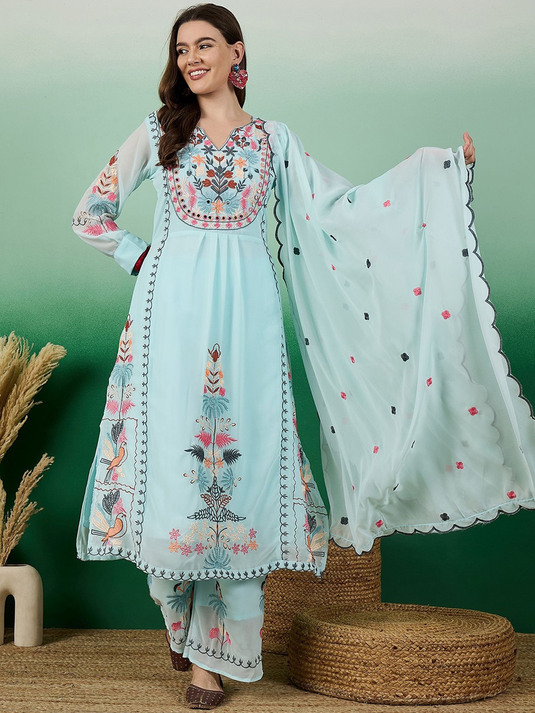 KALINI Floral Embroidered V-Neck Cuffed Sleeves Thread Work Kurta ,Palazzos & Dupatta, Sea green