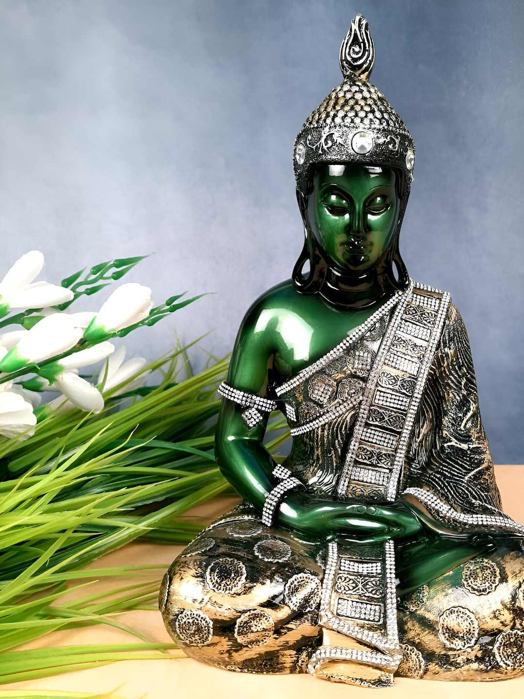 

apka mart Green & Gold-Toned Buddha Figurine Showpiece