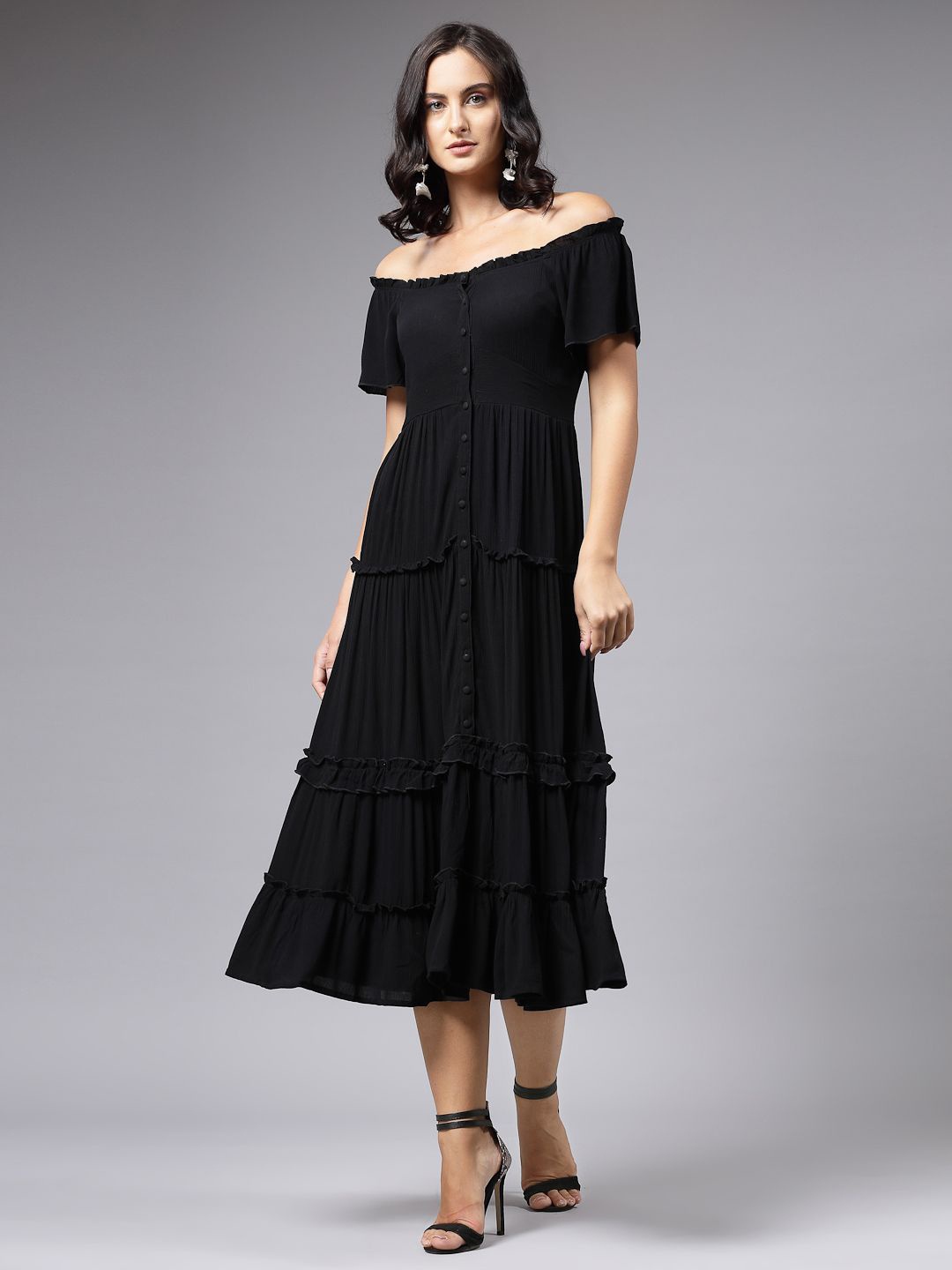 

aayu Off-Shoulder Layered Fit & Flare Midi Dress, Black