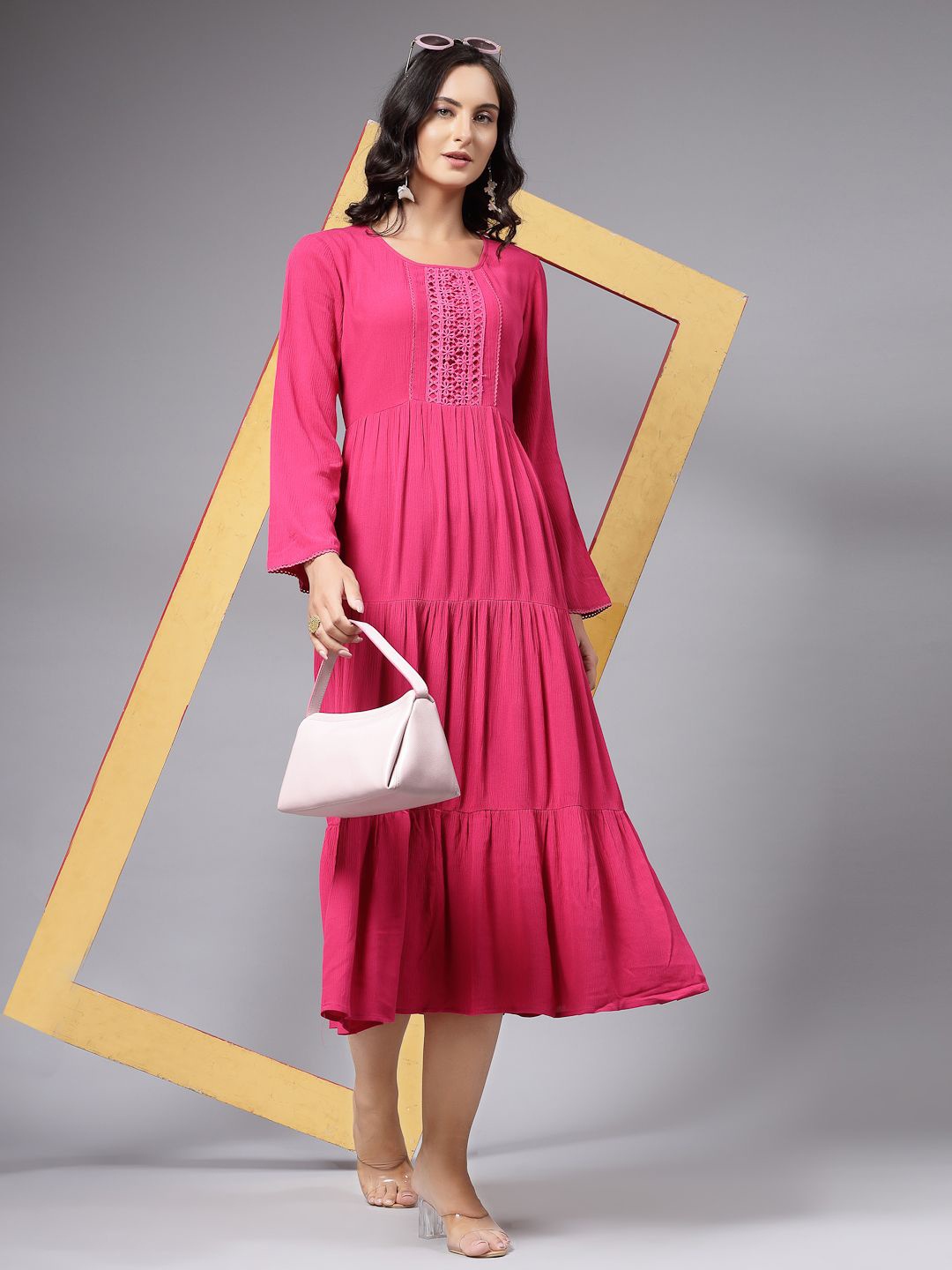 

aayu Women Bell Sleeve Layered Midi A-Line Dress, Fuchsia