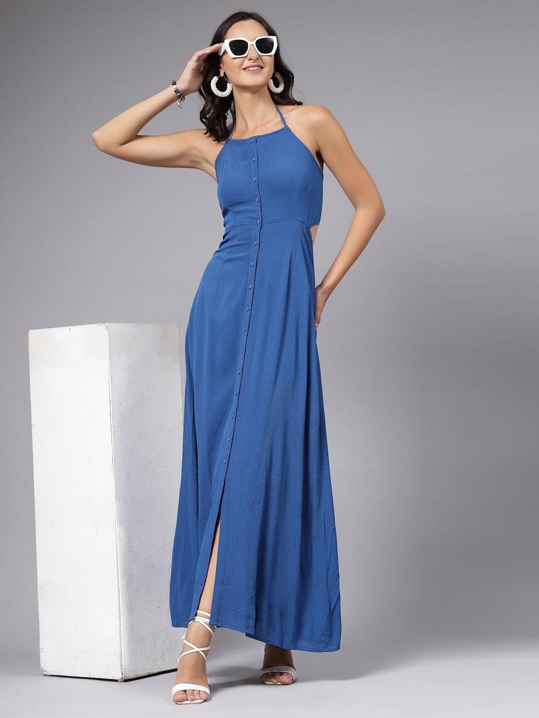 

aayu Solid Shoulder Straps Maxi Dress, Blue