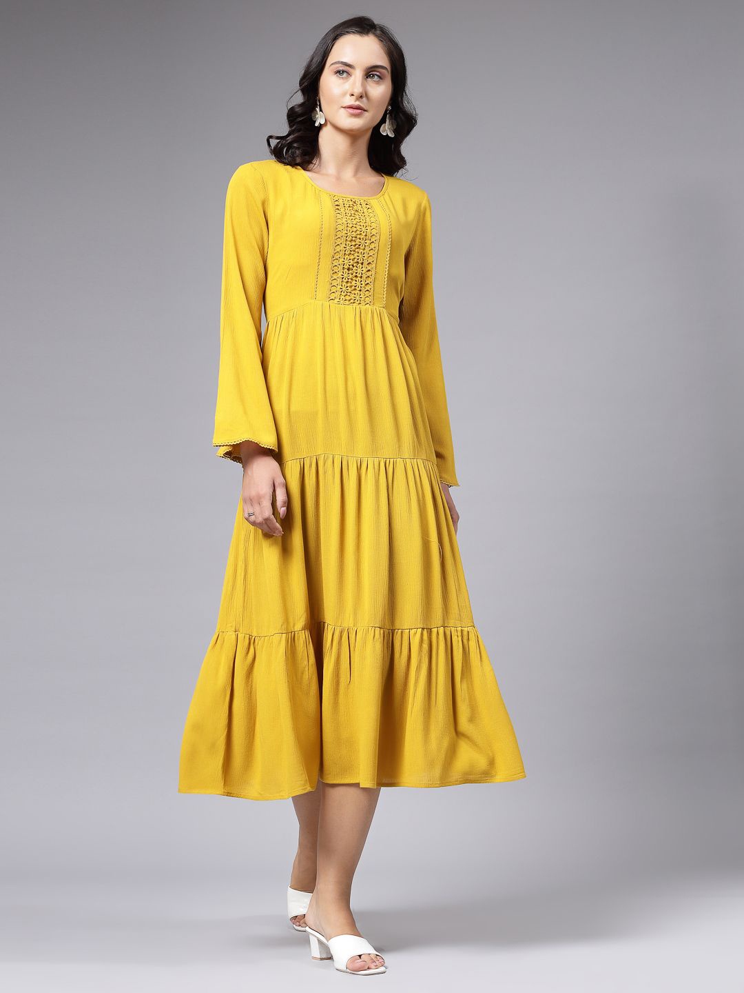 

aayu Bell Sleeve Layered A-Line Midi Dress, Yellow