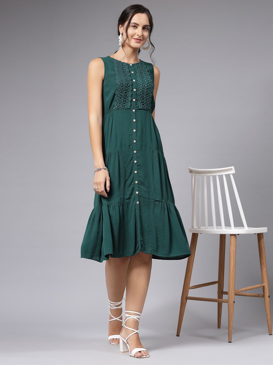 

aayu Round Neck A-Line Dress, Green