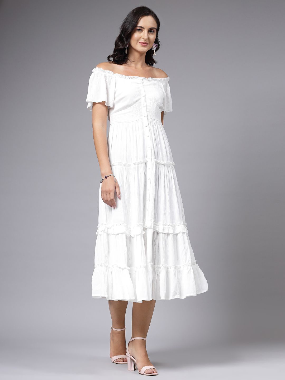 

aayu Off-Shoulder Flutter Sleeve Layered A-Line Midi Dress, White