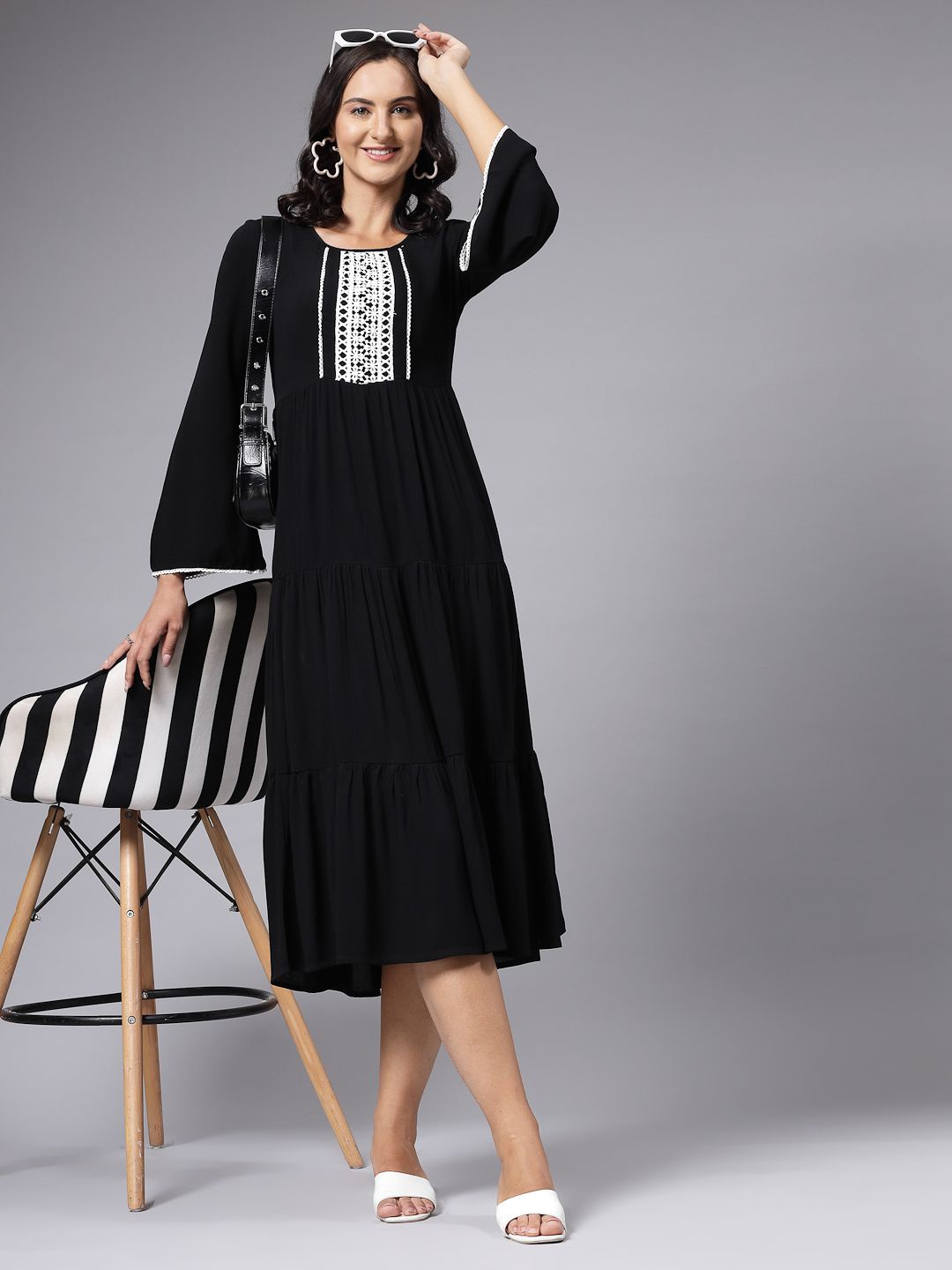 

aayu Bell Sleeve Layered A-Line Midi Dress, Black