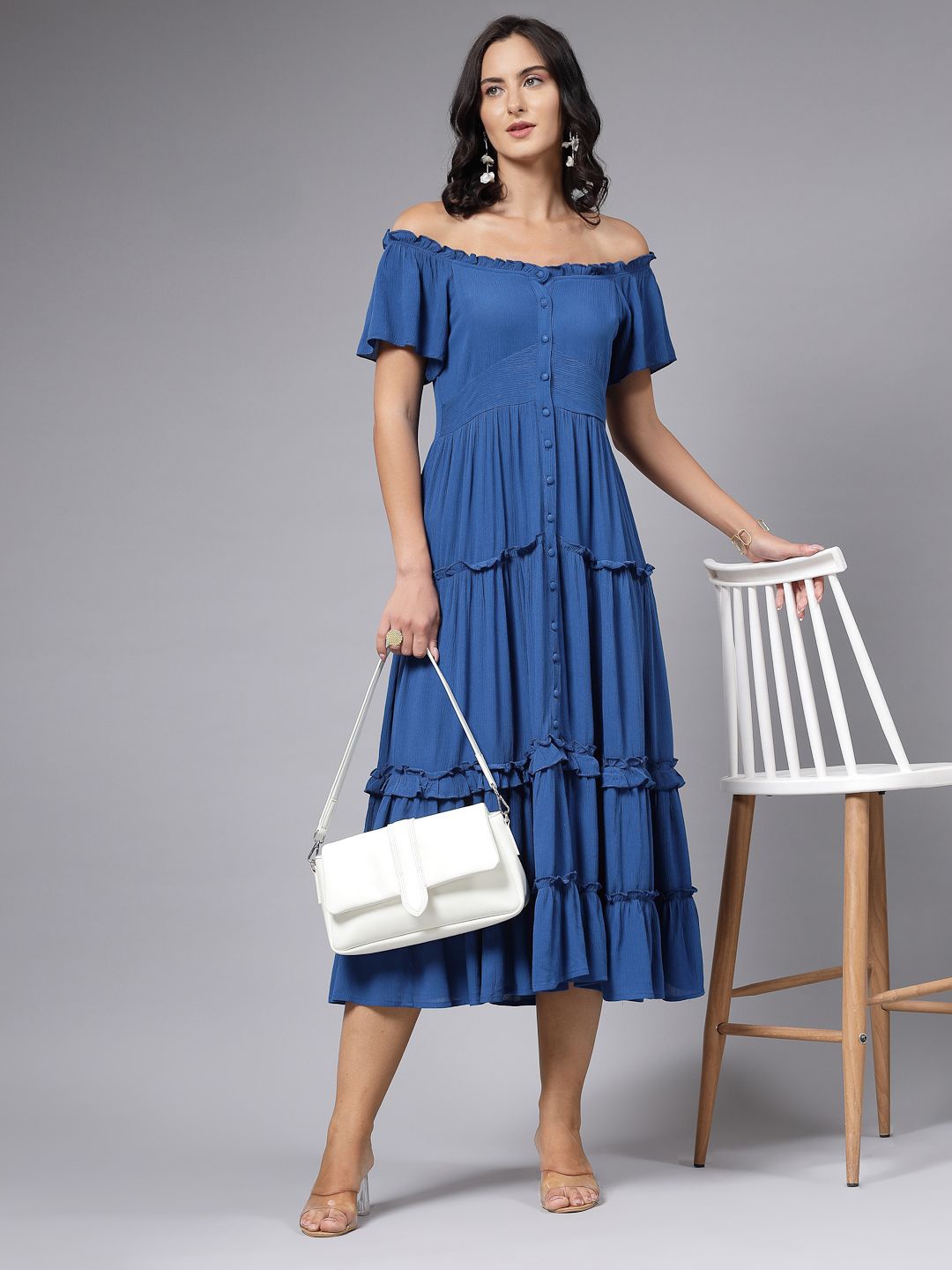 

aayu Off-Shoulder Layered A-Line Midi Dress, Blue