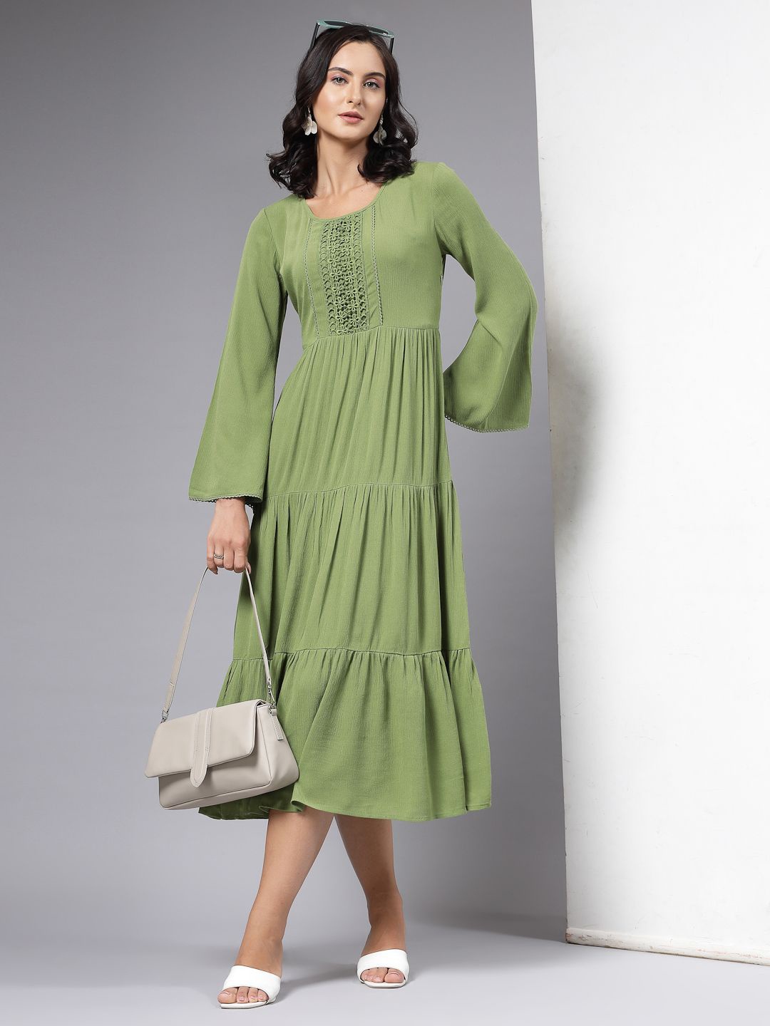 

aayu Bell Sleeve Layered A-Line Midi Dress, Olive