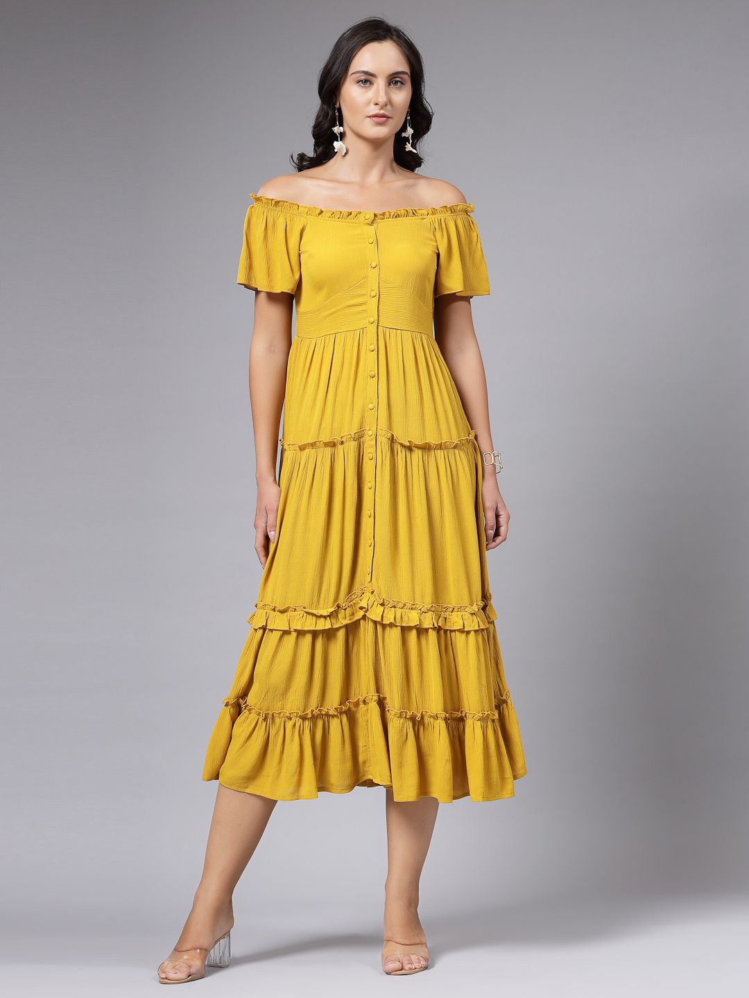

aayu Off-Shoulder Layered Fit & Flare Midi Dress, Yellow