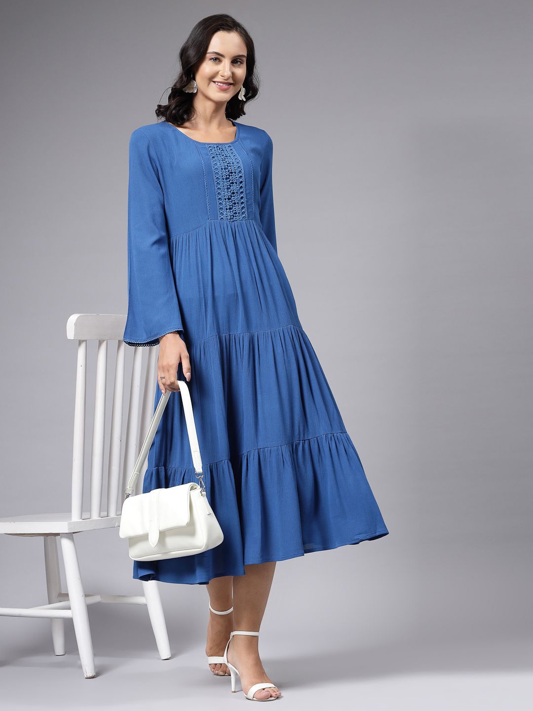 

aayu Bell Sleeve Layered A-Line Midi Dress, Blue