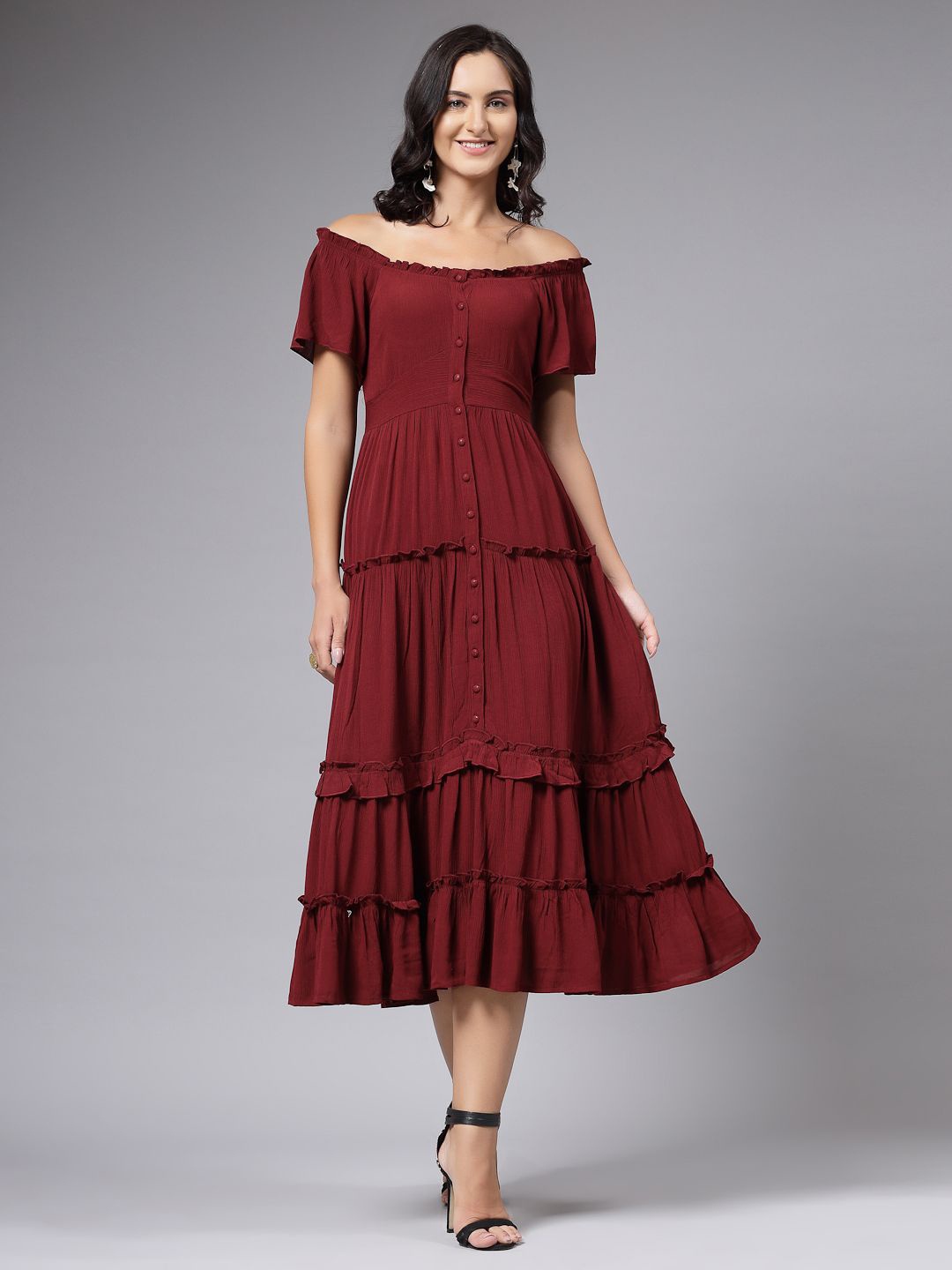

aayu Off-Shoulder Layered A-Line Midi Dress, Maroon
