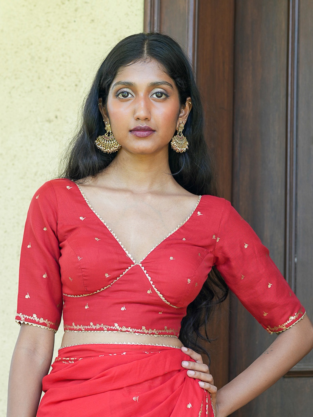 

Suta V-Neck Short Sleeves Non-Padded Embellished Saree Blouse, Maroon