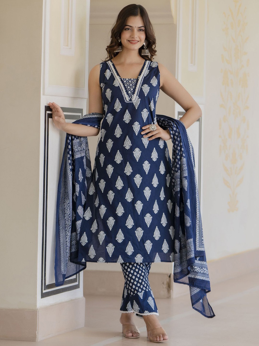 

KALINI Floral Printed V-Neck Regular Sleeveless Pure Cotton Kurta ,Trousers & Dupatta, Blue