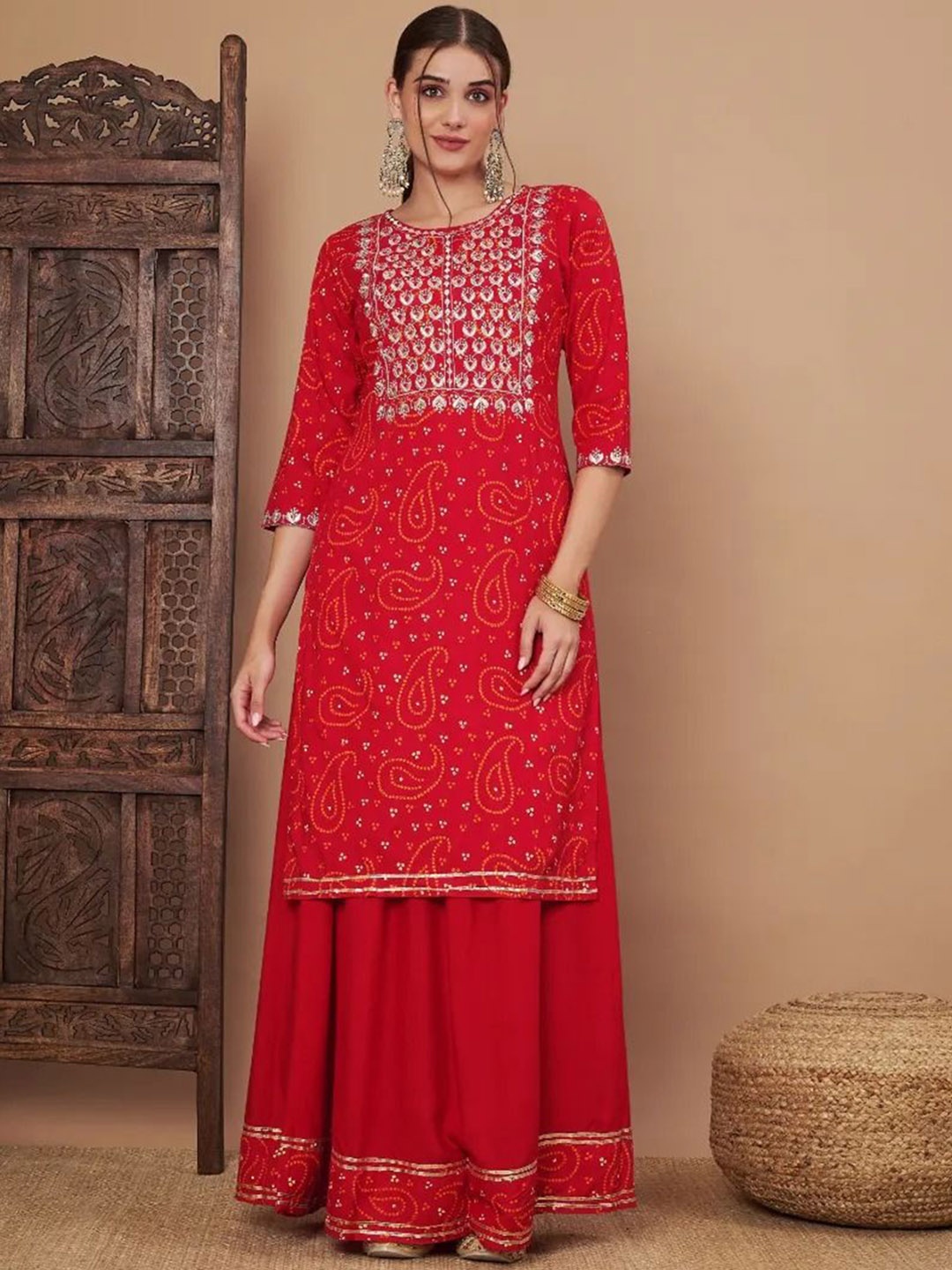 

Aaheli Bandhani Embroidered Round Neck Thread Work Kurta With Skirt, Red