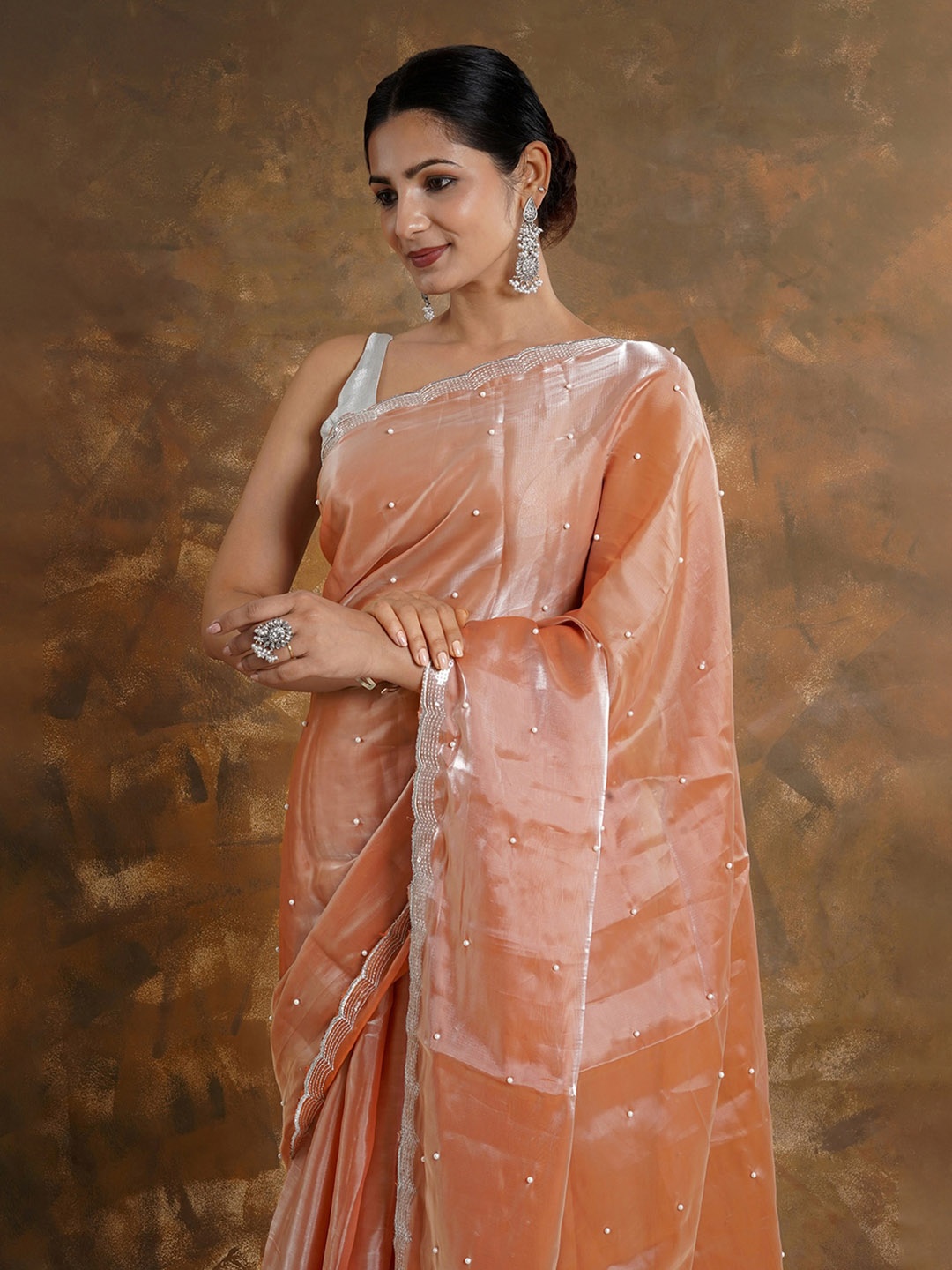 

TEEJH Beads Embellished Sequinned Tissue Saree, Peach