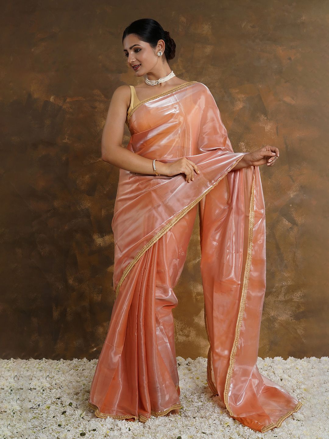 

TEEJH Zari work Thin Border Solid Saree, Coral