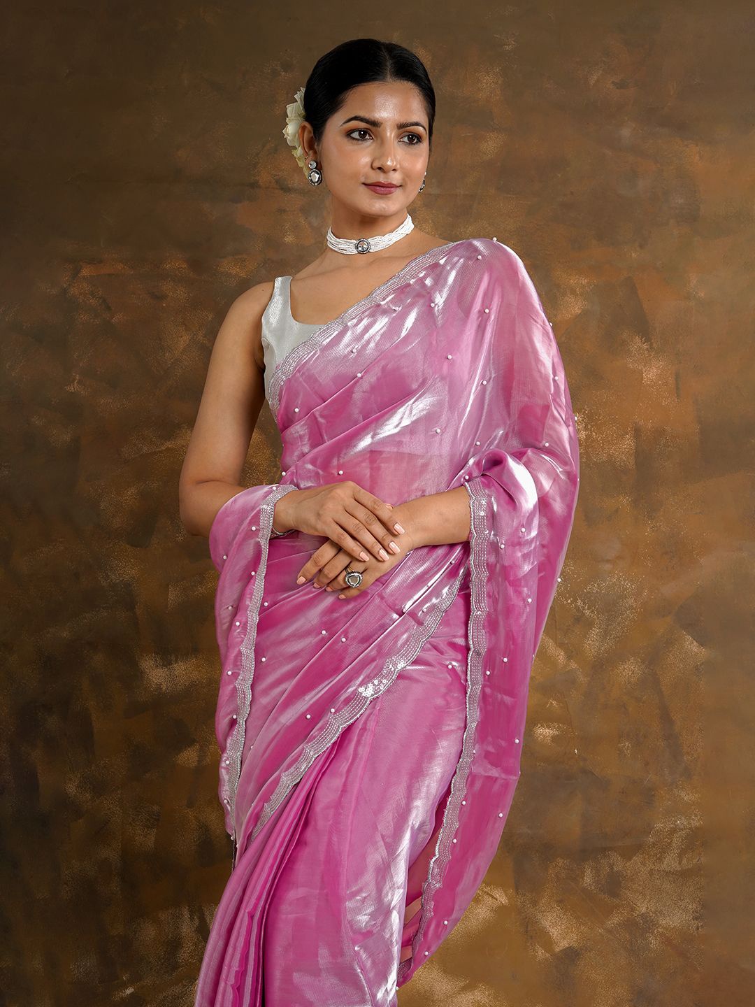 

TEEJH Embellished Sequinned Tissue Saree, Pink