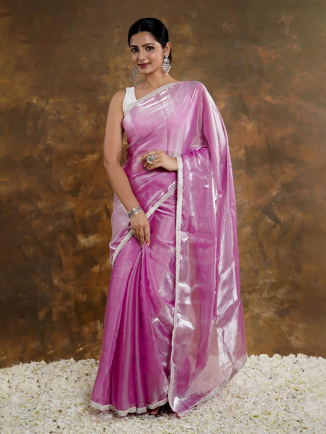 

TEEJH Zari work Thin Border Solid Saree, Pink