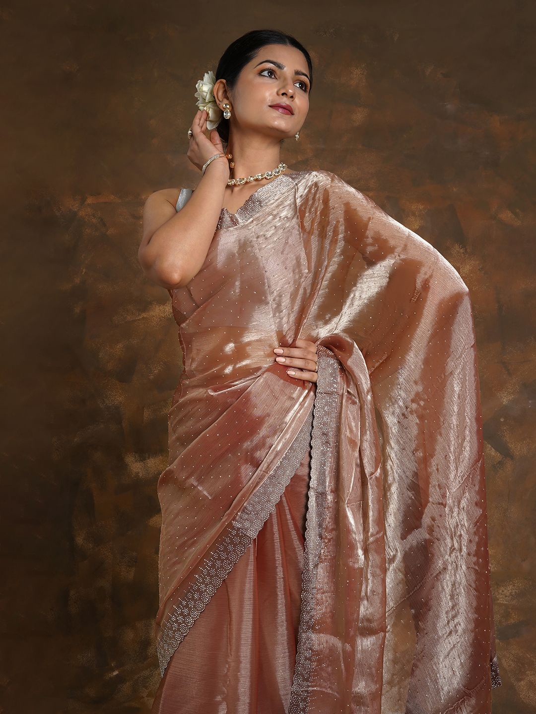 

TEEJH Embellished Border Sequinned Saree, Brown