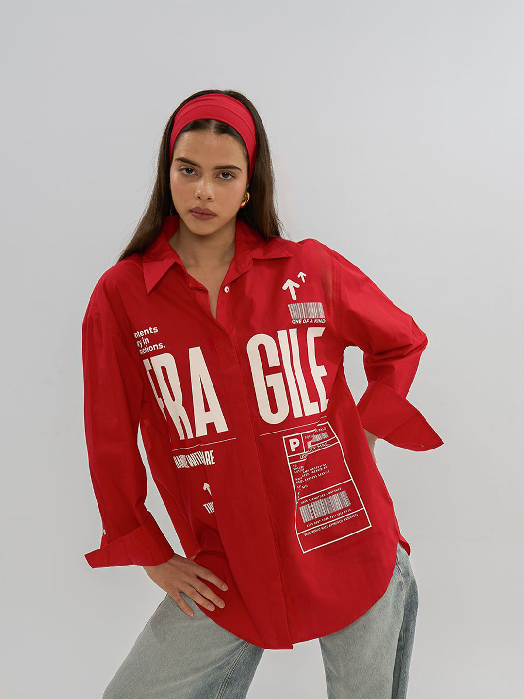 

Exhale Label The Fragile Women Cotton Typographic Oversized Fit Shirt, Red