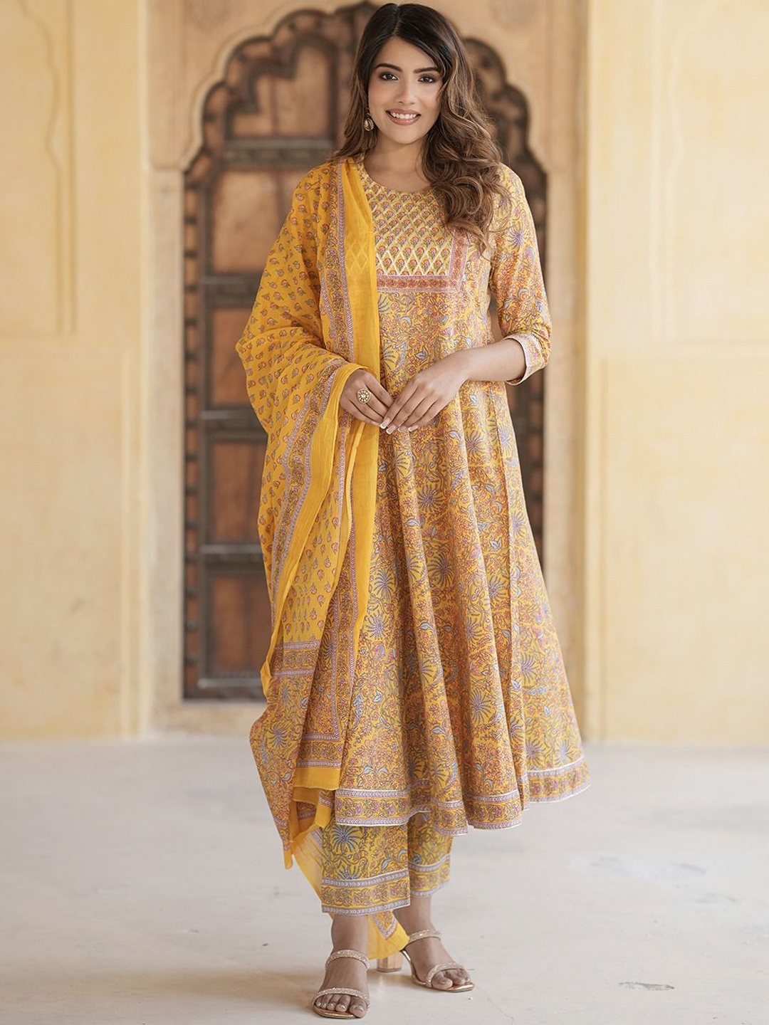

KALINI Floral Printed Pure Cotton Anarkali Kurta With Trousers & Dupatta, Mustard