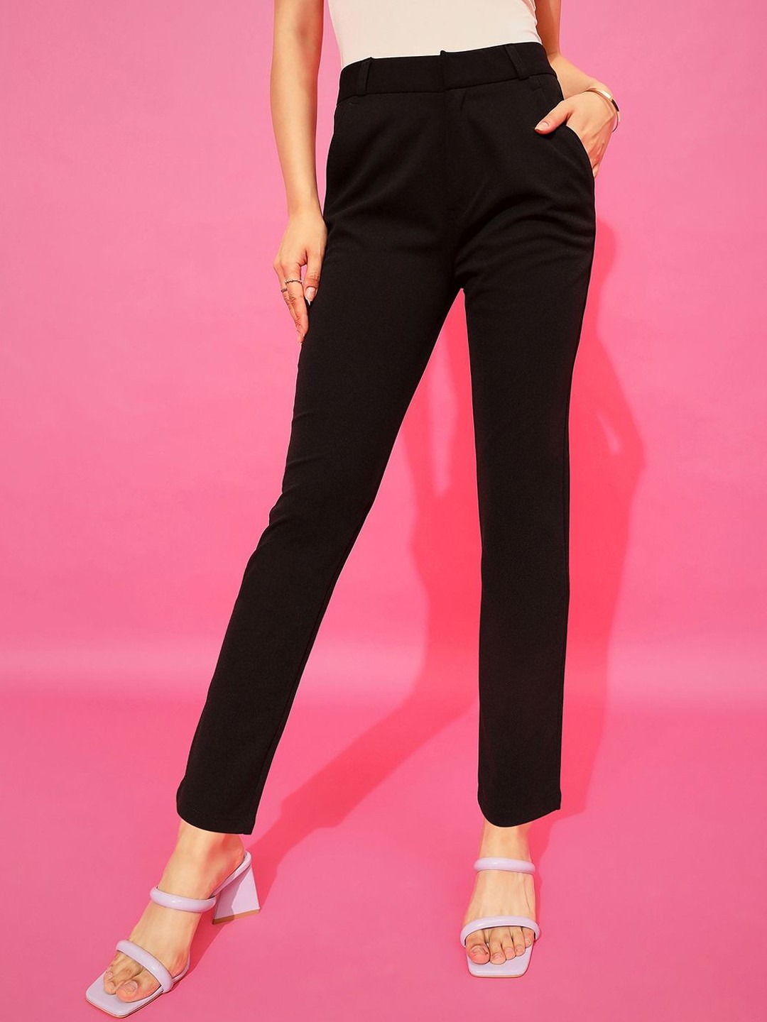

Purple Feather Women Smart Slim Fit Pleated Mid-Rise Trousers, Black