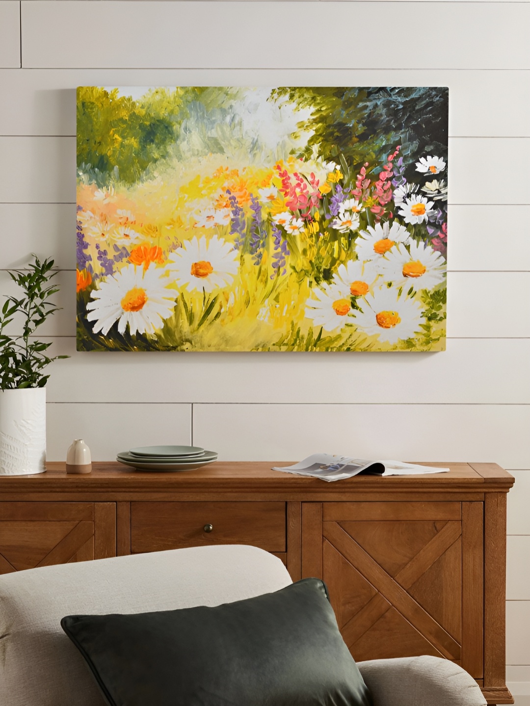 

EverHOME White & Yellow Floral Wooden Wall Painting
