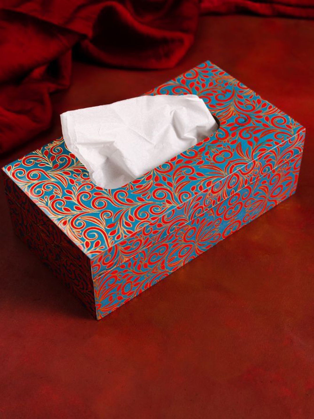 

The Pitara Project Blue & Red Printed Wooden Tissue Box