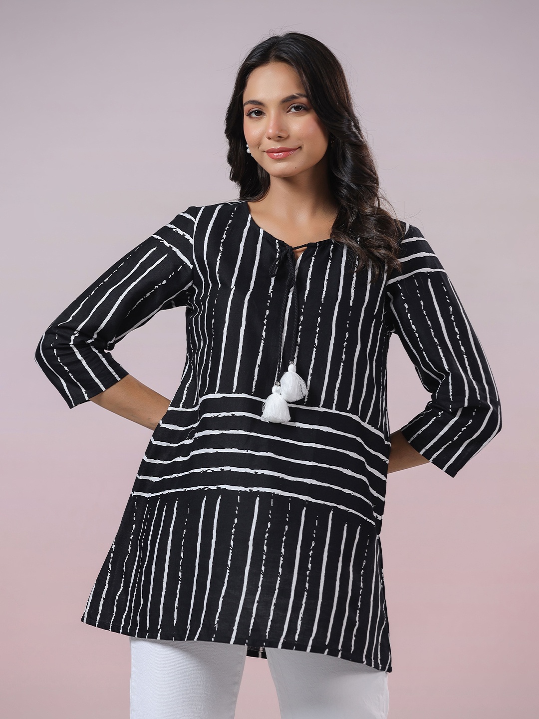 

KALINI Women Striped Printed Pure Cotton Kurti, Black