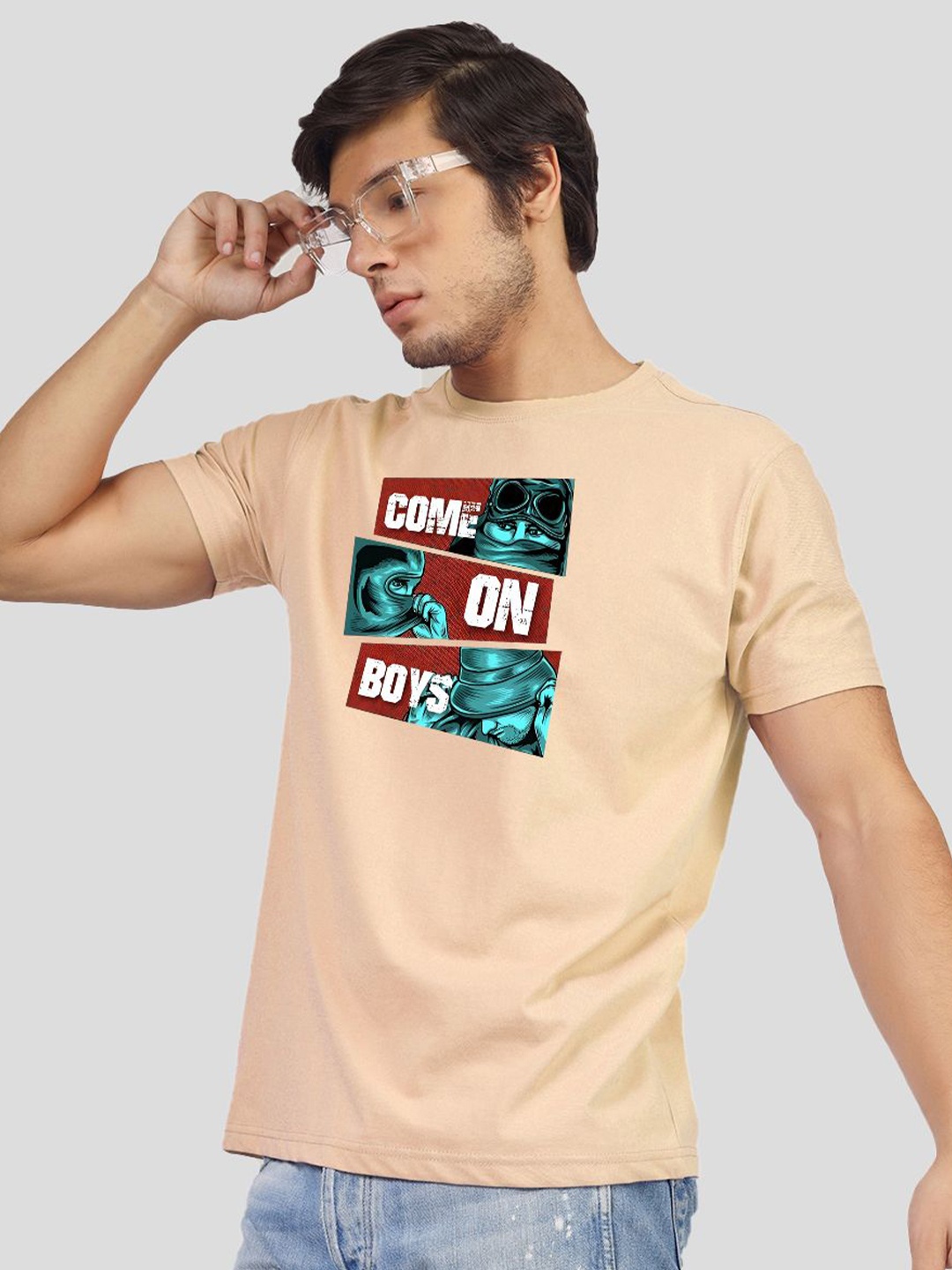 

Greylongg Men Graphic Printed Round Neck T-shirt, Beige
