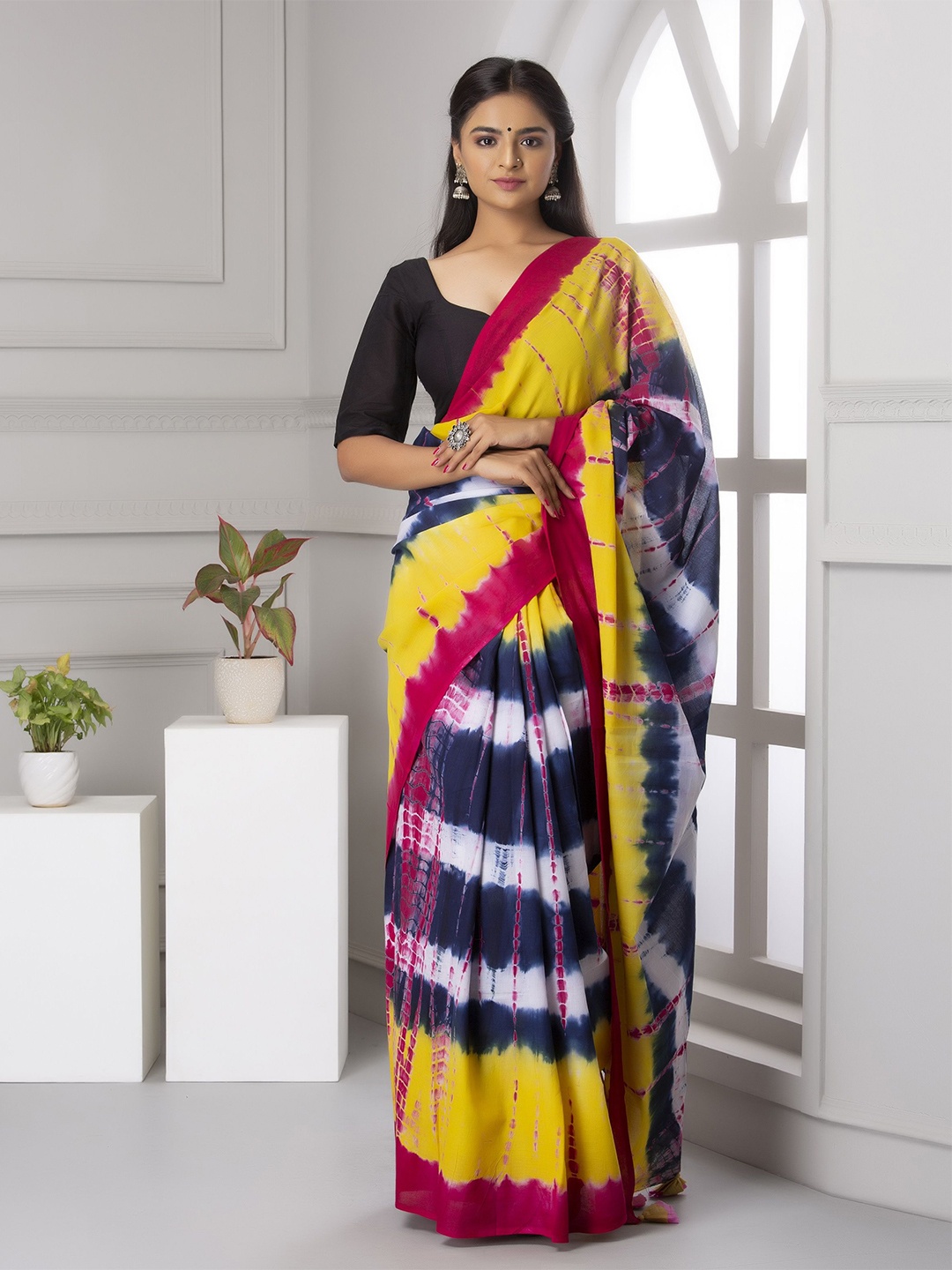 

JAIPURI PRINT Tie and Dye Pure Cotton Tassel Saree, Yellow