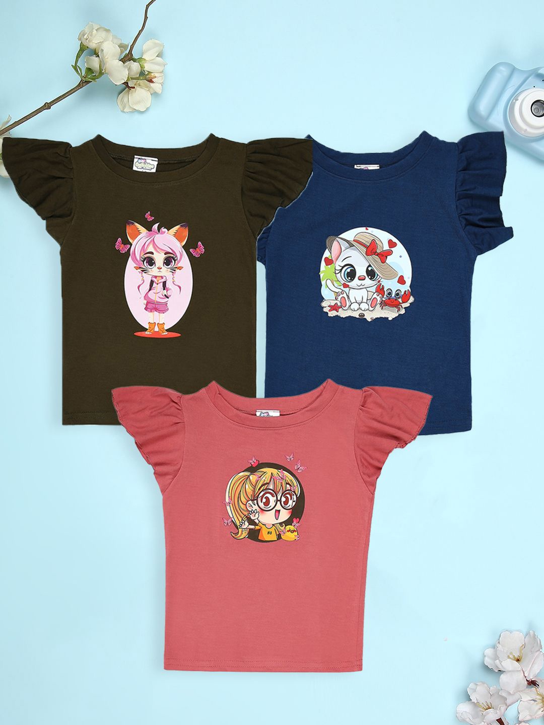 

Cutiekins Girls Pack Of 3 Graphic Printed Round Neck T-shirt, Olive