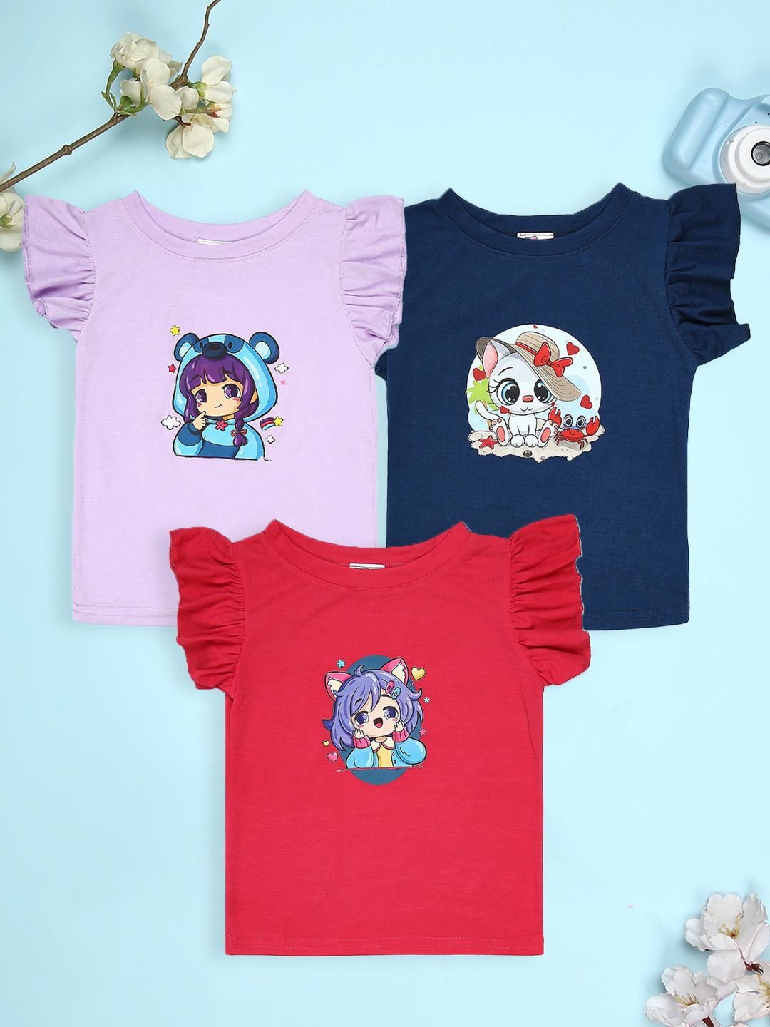 

Cutiekins Girls Floral Pack Of 3 Graphic Printed Round Neck T-shirt, Pink