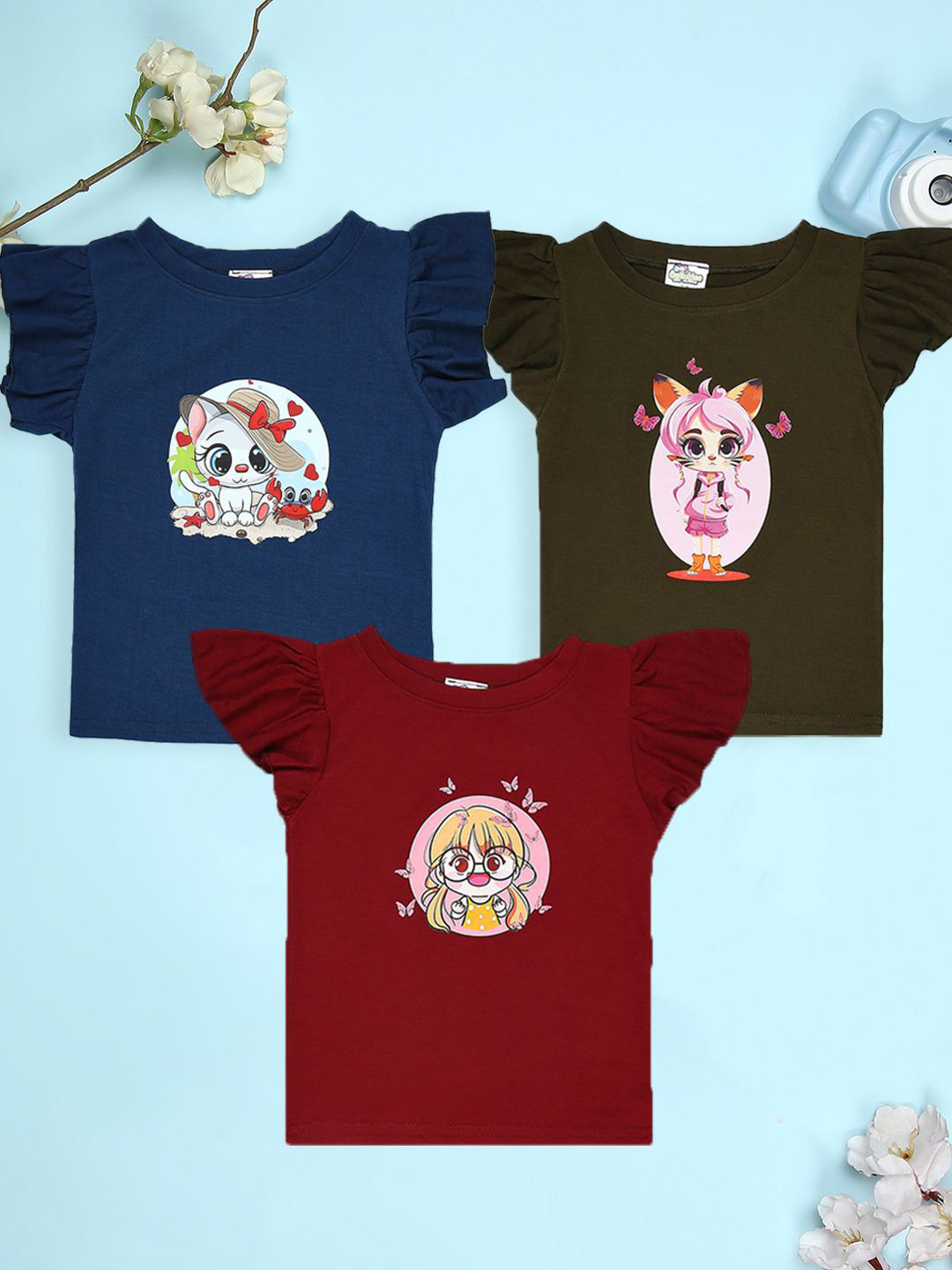 

Cutiekins Girls Pack Of 3 Graphic Printed Round Neck T-shirt, Navy blue