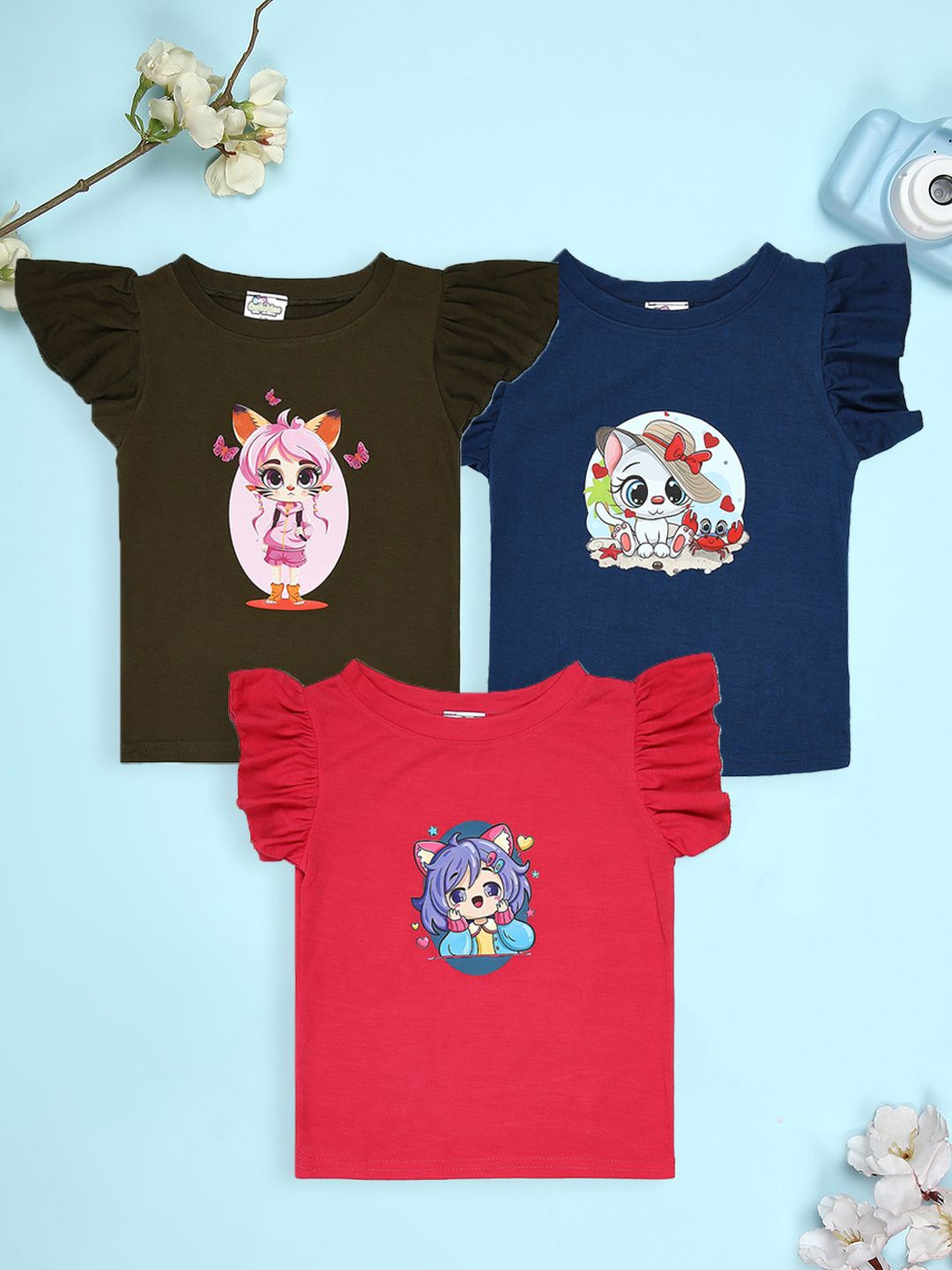 

Cutiekins Girls Pack Of 3 Graphic Printed Round Neck T-shirt, Olive