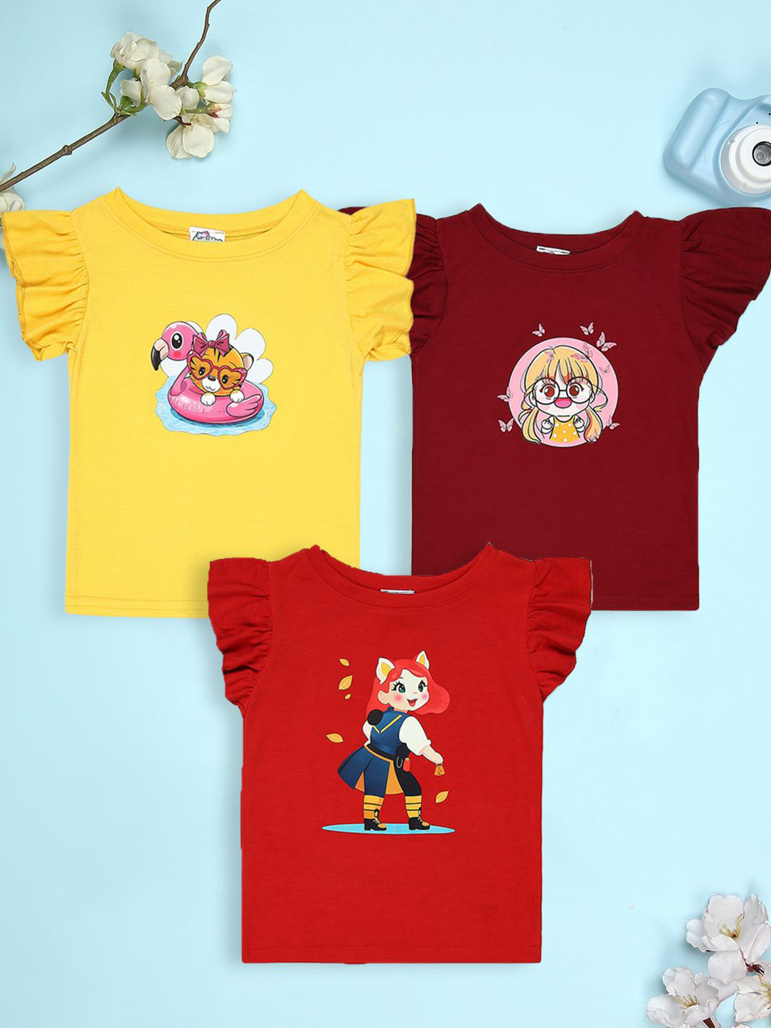 

Cutiekins Girls Pack Of 3 Graphic Printed Round Neck T-shirt, Yellow