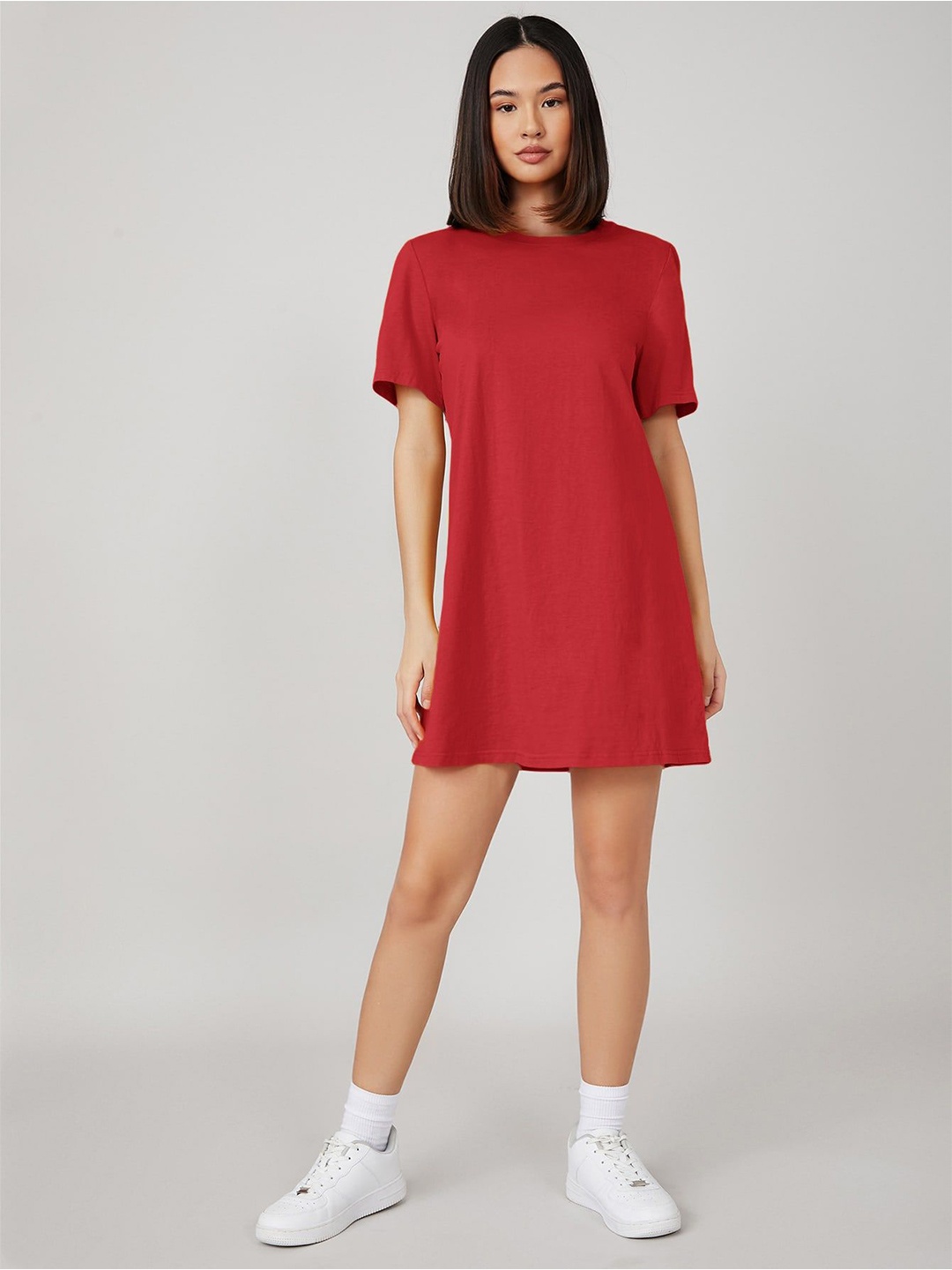 

AAHWAN Round Neck Short Sleeve T-shirt Mini Dress, Red