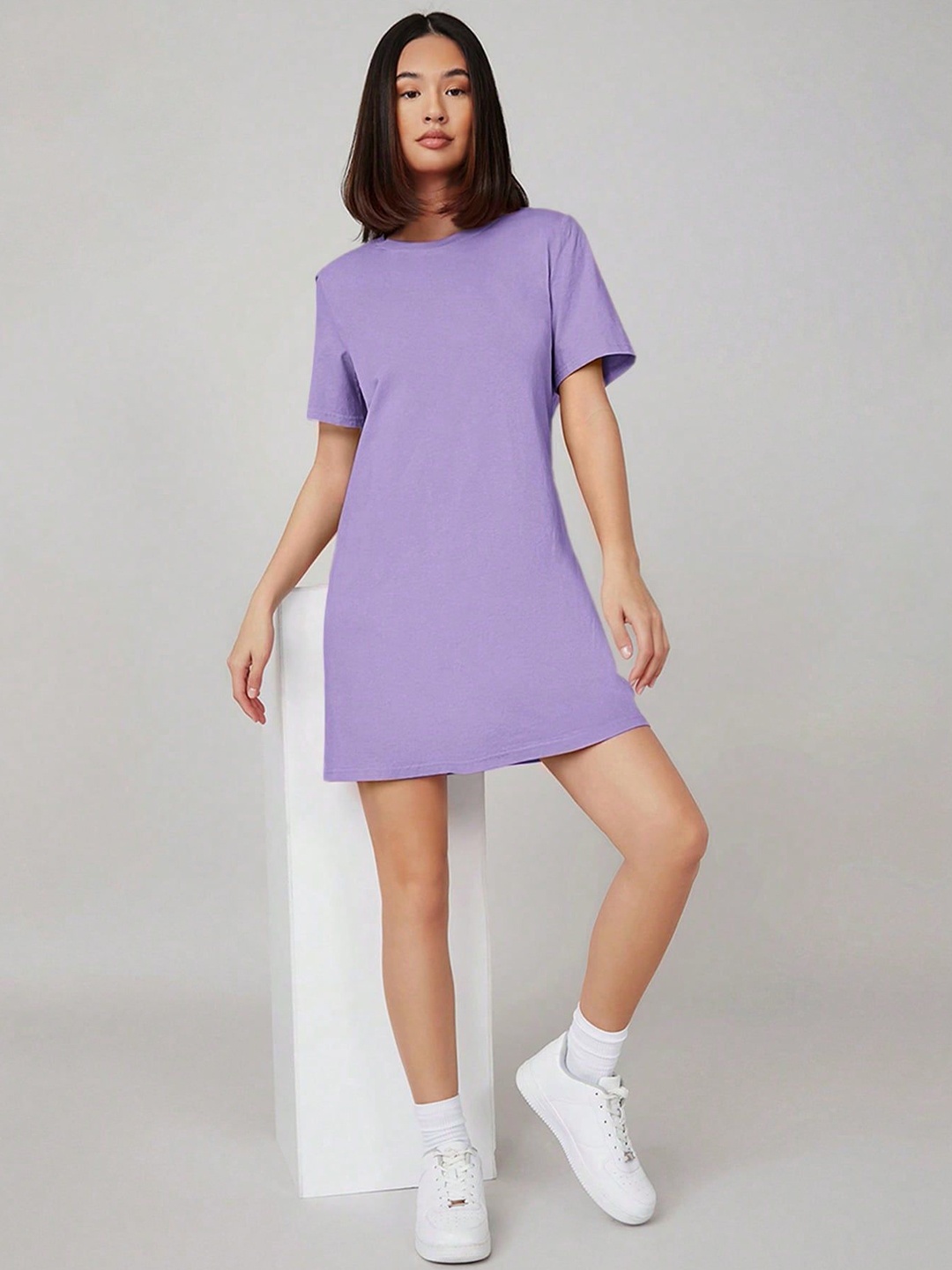 

AAHWAN Round Neck Short Sleeve T-shirt Mini Dress, Lavender