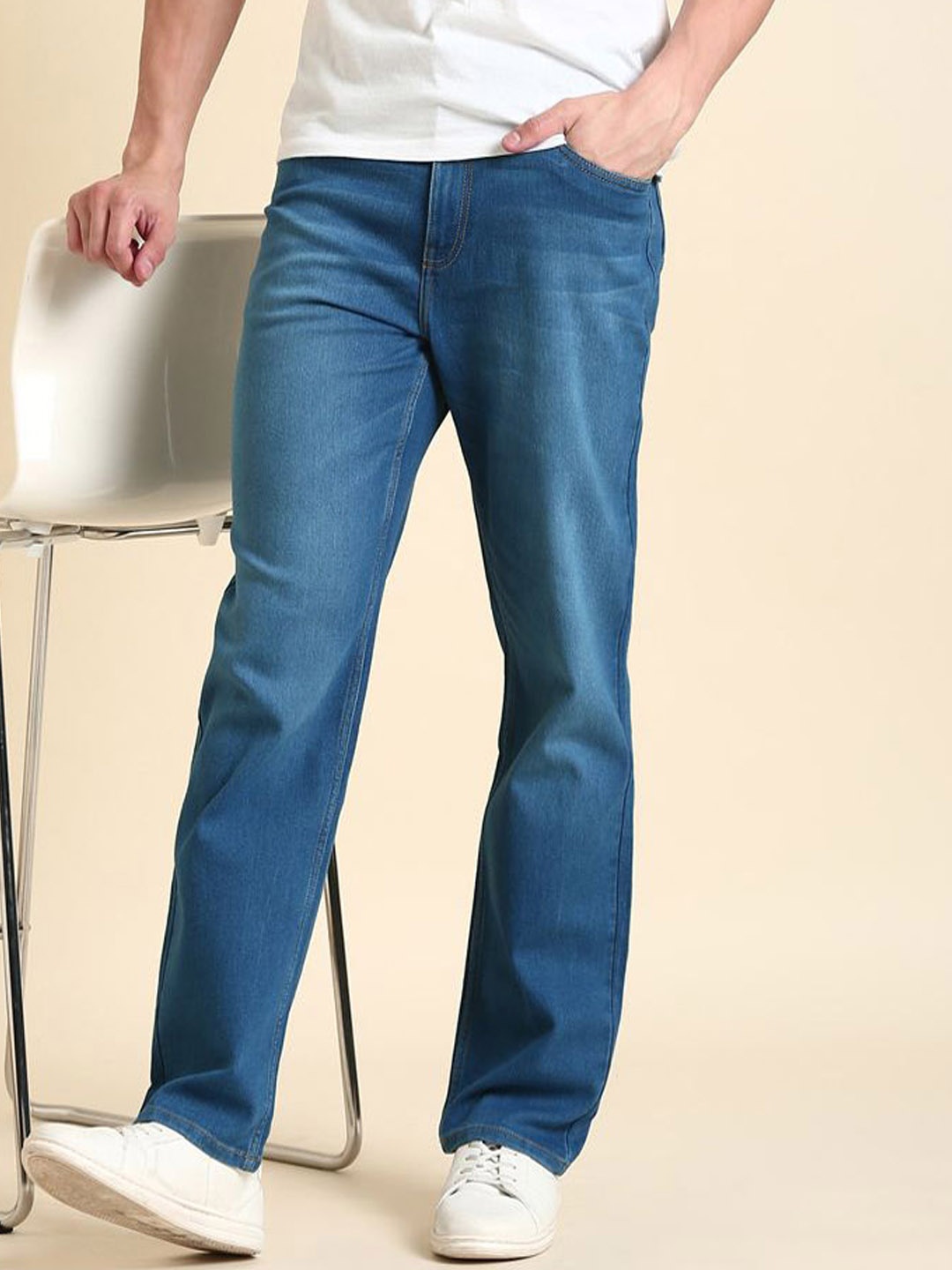 

Mast & Harbour Men Blue Straight Fit Clean Look Whiskers and Chevrons Stretchable Jeans