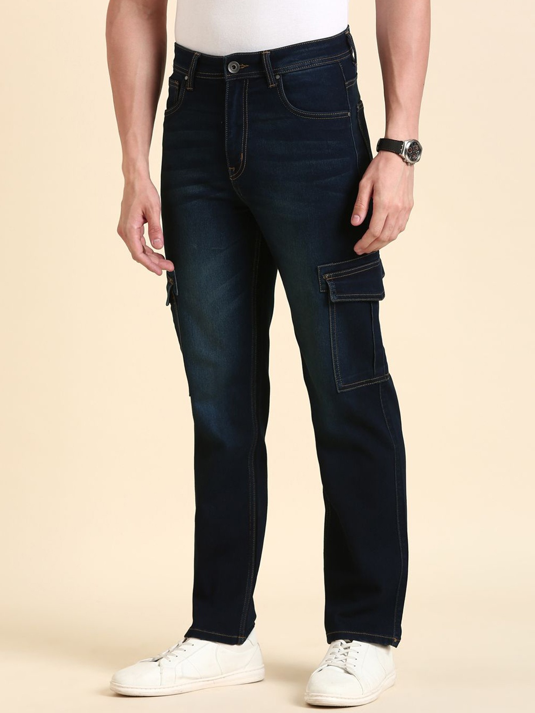 

Mast & Harbour Men Blue Straight Fit Clean Look Stretchable Cargo Styles Jeans
