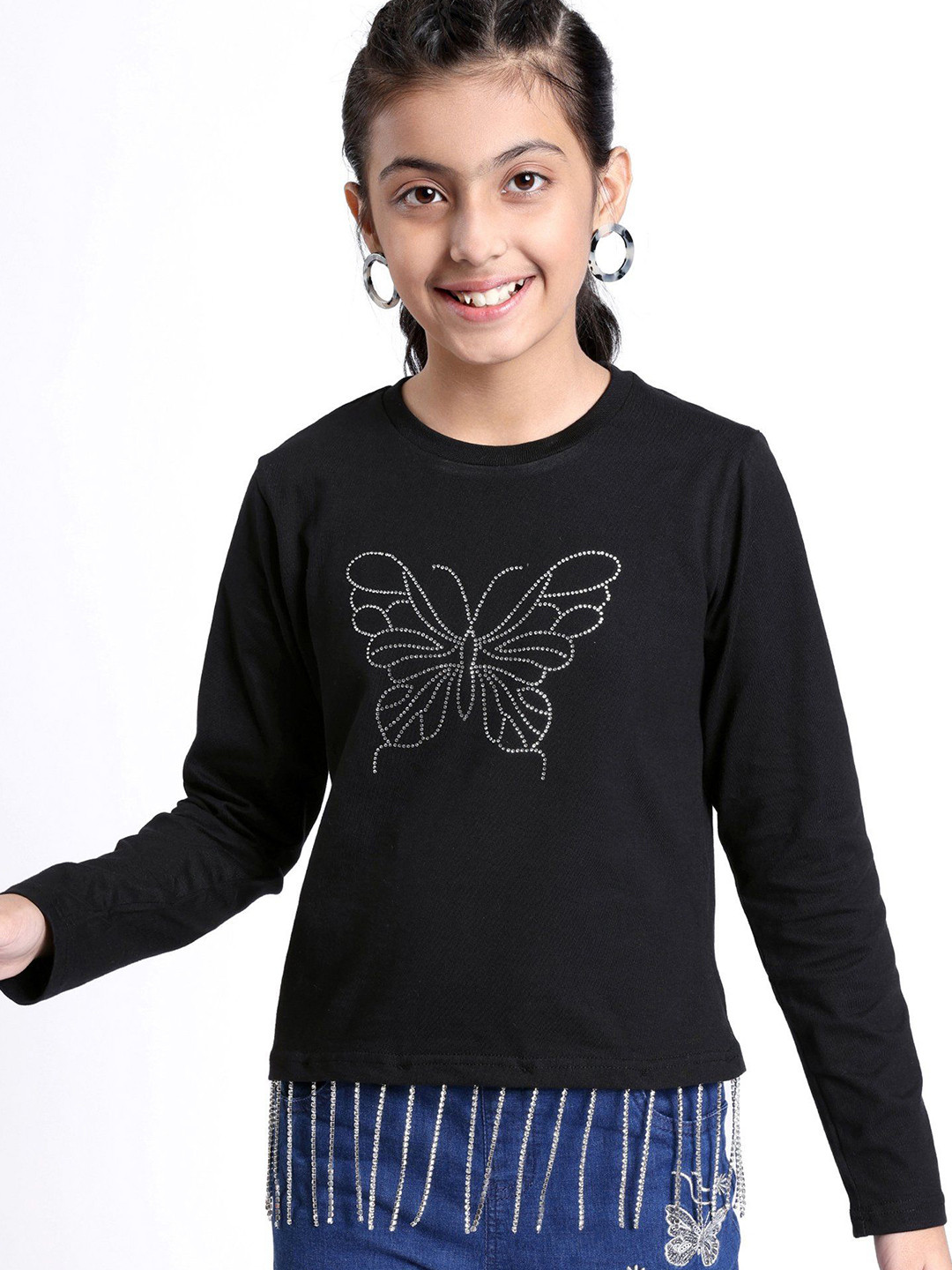

ARIAS By LARA DUTTA Girls Mandarin Collar Extended Sleeves Monochrome Pockets T-shirt, Black