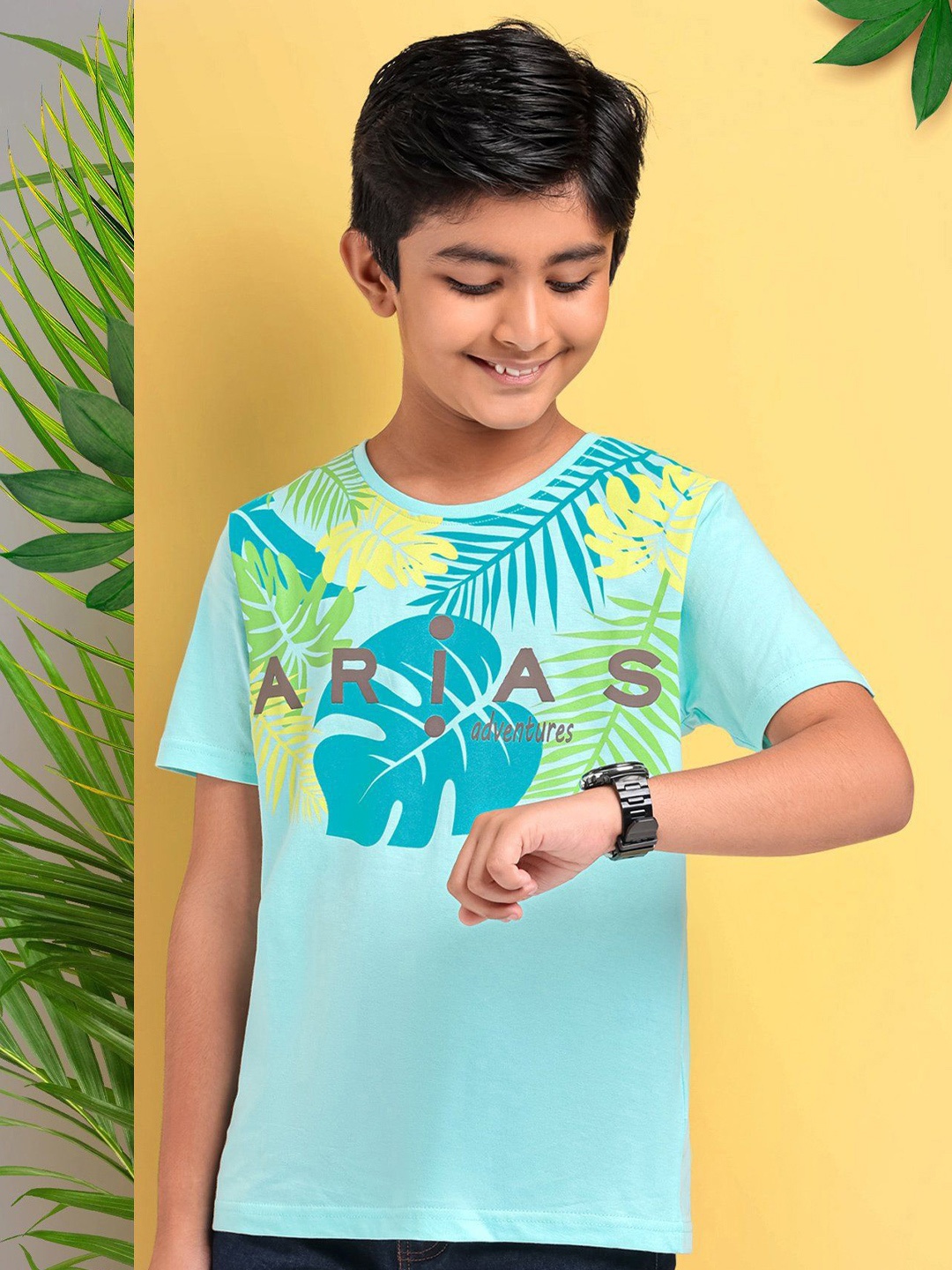 

ARIAS By LARA DUTTA Boys Printed Extended Sleeves Raw Edge T-shirt, Teal