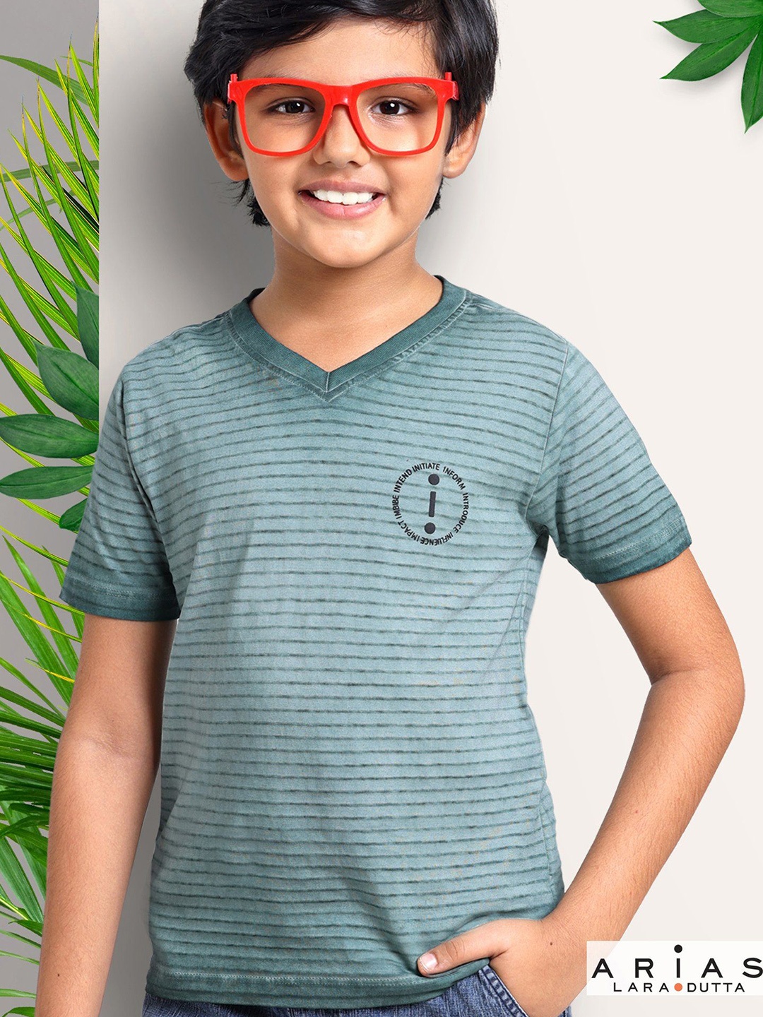 

ARIAS By LARA DUTTA Boys Striped V-Neck Extended Sleeves Pockets T-shirt, Green