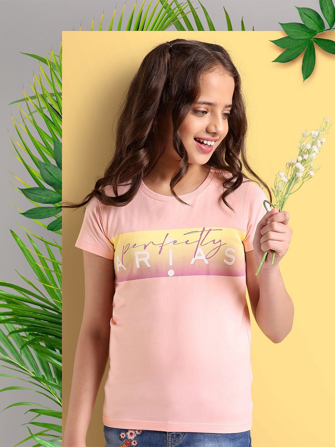 

ARIAS By LARA DUTTA Girls Printed Extended Sleeves T-shirt, Peach